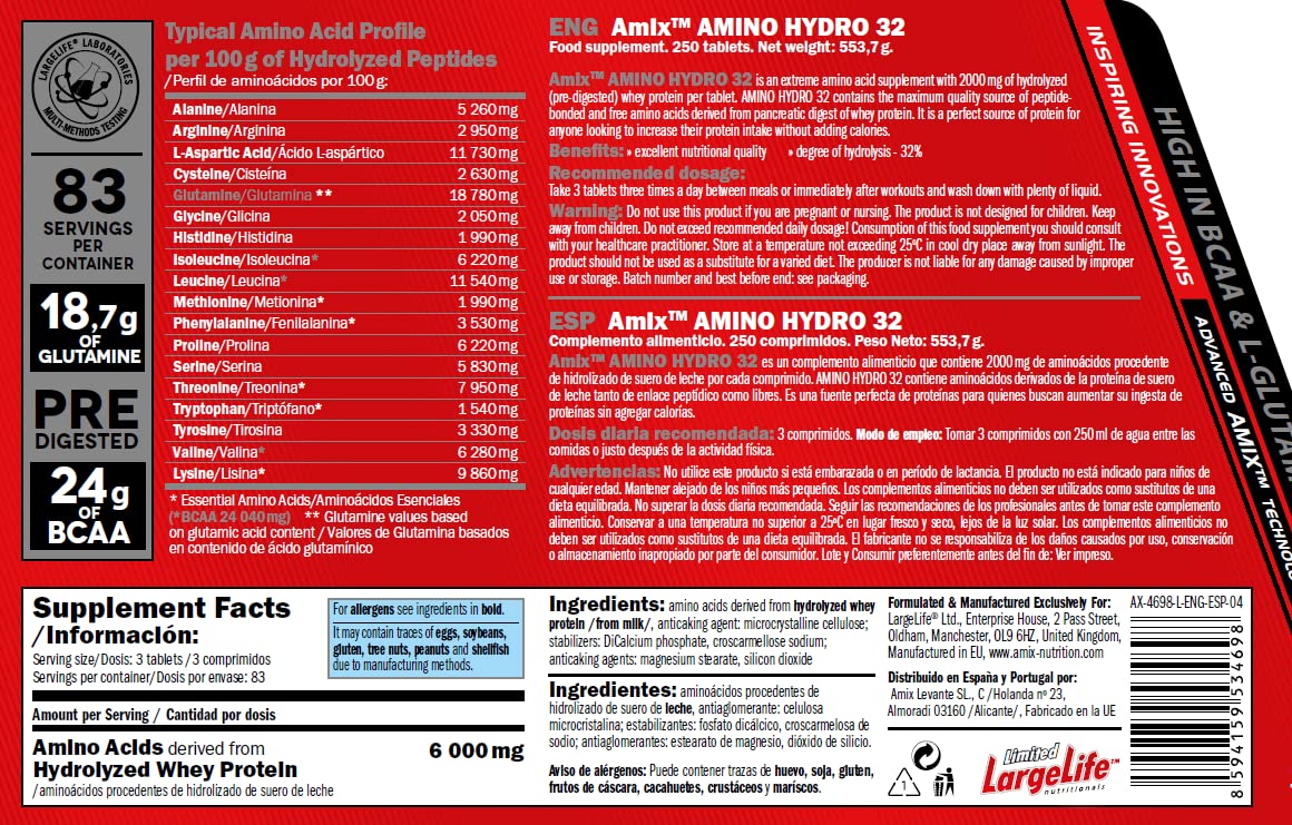 AMIX - Suplemento Alimenticio Amino Hydro 32 - Incrementa la Fuerza y Desarrolla la Capacidad Muscular - Suplemento con Aminoácidos Puros Hidrolizados - 250 Tabletas