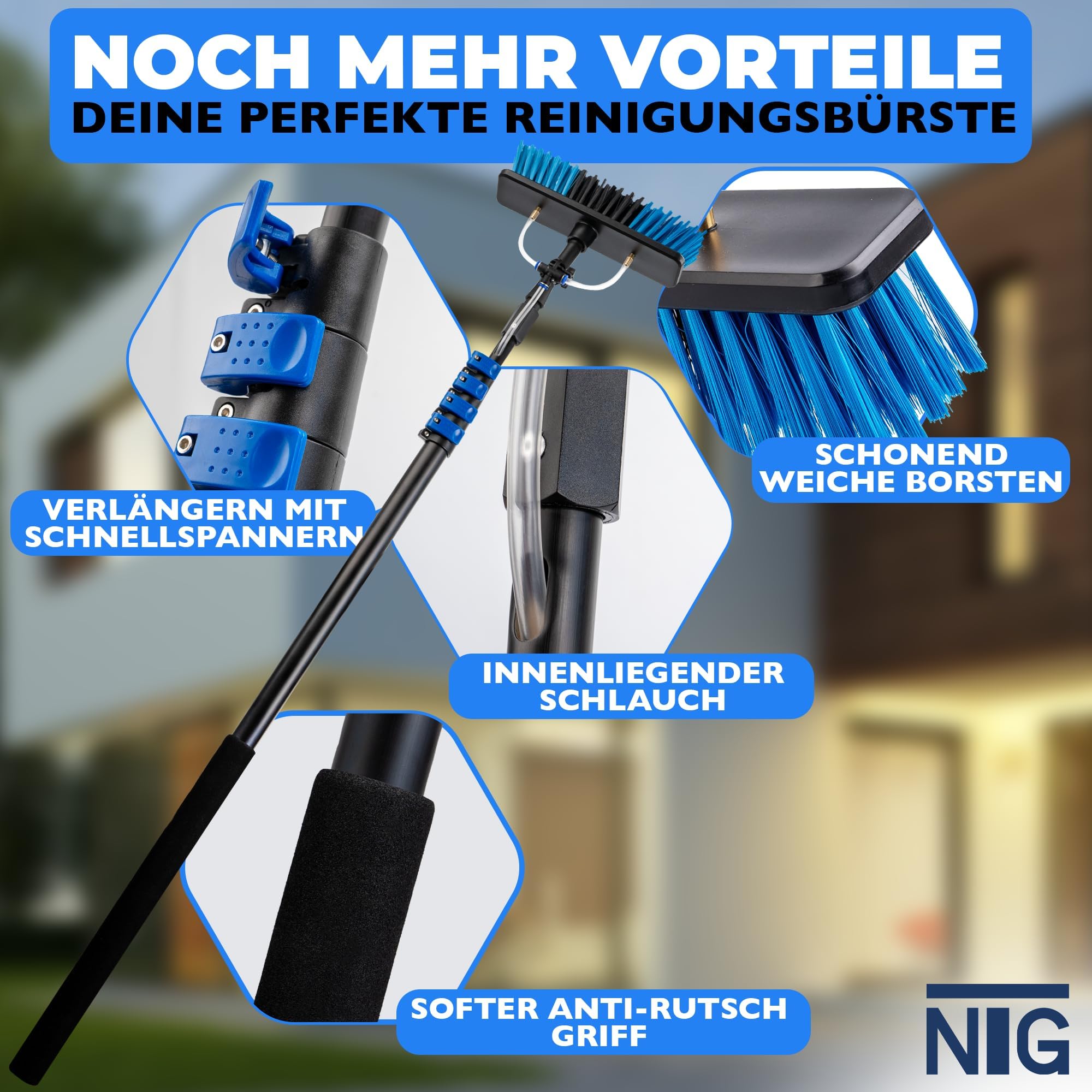 Brosse de Lavage télescopique NTG pour Le Nettoyage des installations solaires et des fenêtres| Version 4,6 mètres ou 7 mètres | avec raccordement à l'eau et Distributeur de Savon