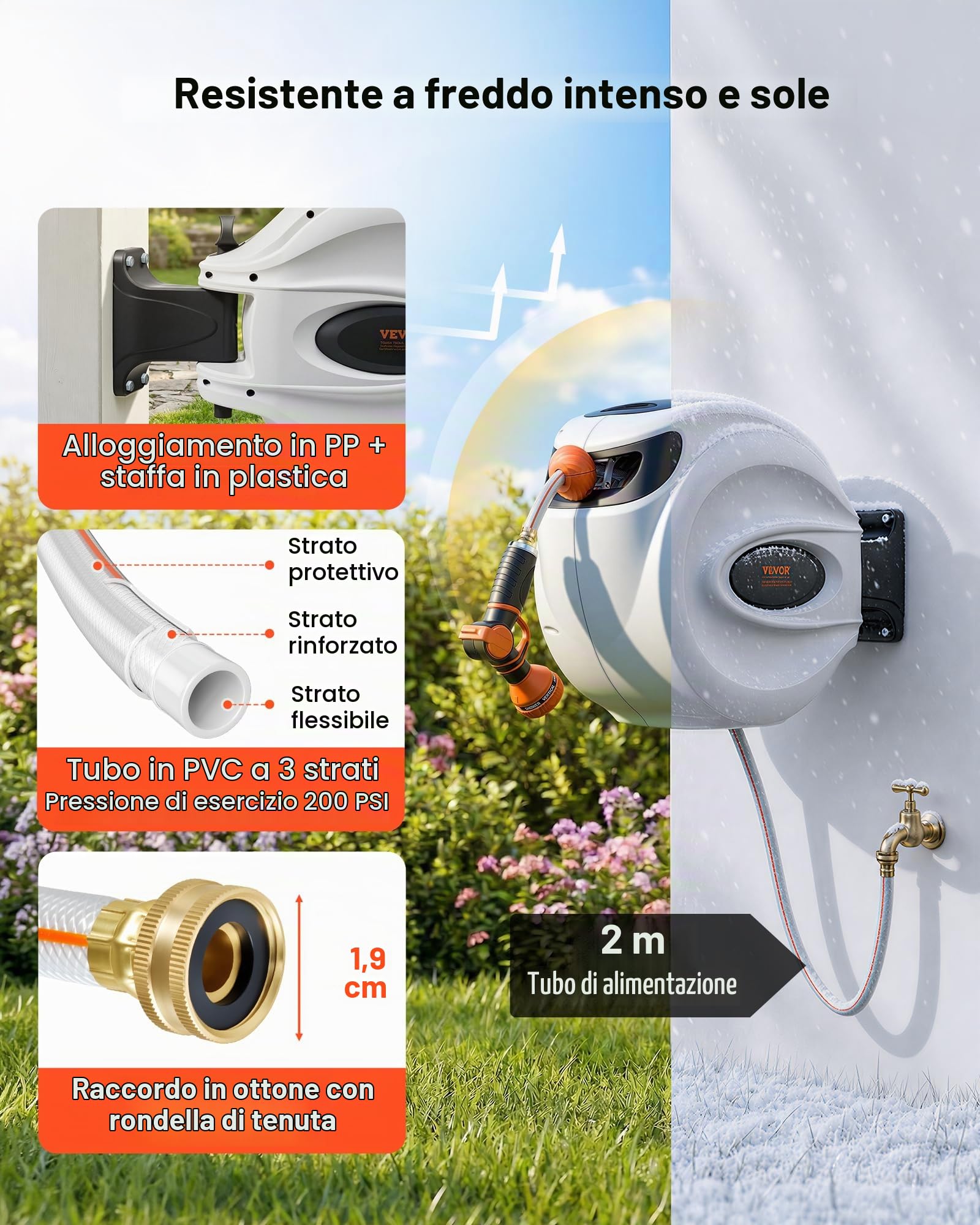 VEVOR Avvolgitubo Retrattile per Tubo da Giardino, 12 mm x 30 m, Avvolgitubo per Tubo da Giardino con Ugello 9 Modelli, Sistema di Ritorno a Riavvolgimento Automatico e Staffa Girevole a 180°