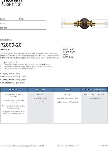 Miniatura 18 de Archives Collection - Lámpara de tocador de baño de cristal transparente con 2 luces, bronce antiguo