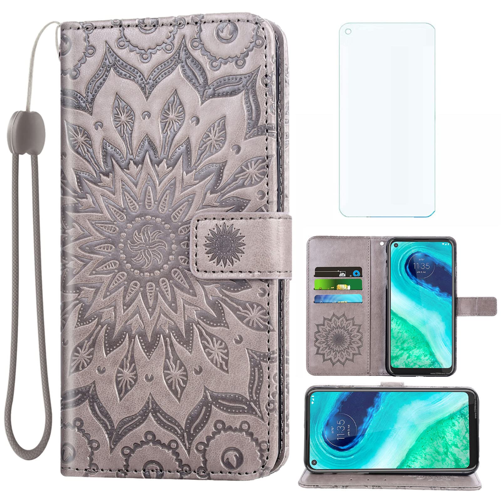 Asuwish Phone Case for Moto G Fast 2020 Wallet Cases with Tempered Glass Screen Protector and Leather Slim Flip Cover Card Holder Stand Cell Accessories Motorola GFast XT2045-3 Women Men Gray