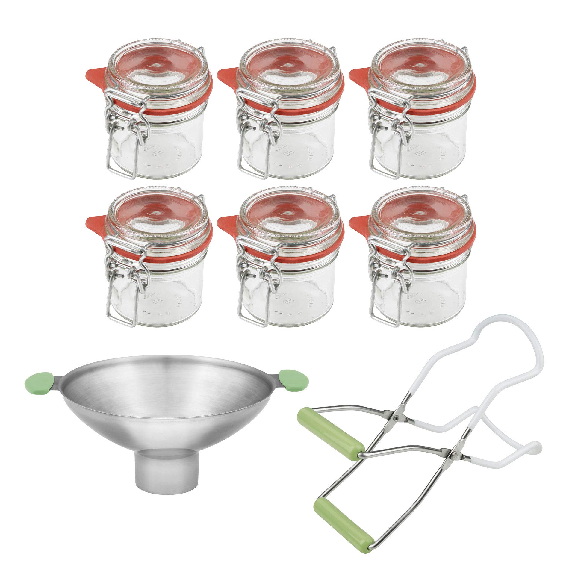 Dr. Oetker Einmachgläser mit Bügelverschluss 135 ml, Vorratsglas mit Trichter, Glasheber für luftdichte Marmeladengläser, vielseitiges Einweckglas (Farbe: Transparent/Rot/Grau), Menge: 1 x 8er Set