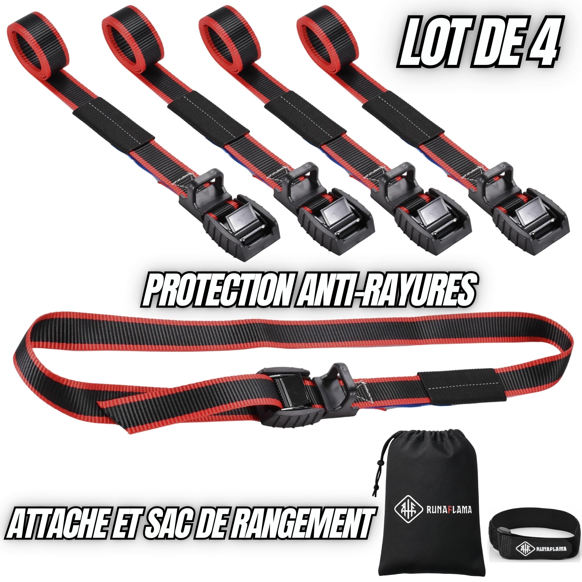 Petites Sangles D'arrimage avec Protection Gomme Antirayures - Sangles De Serrage Courtes pour Moto Remorque, Porte Vélo - en 12195-2 Résistance 500 kgf par Unité - 4 Unités 1m