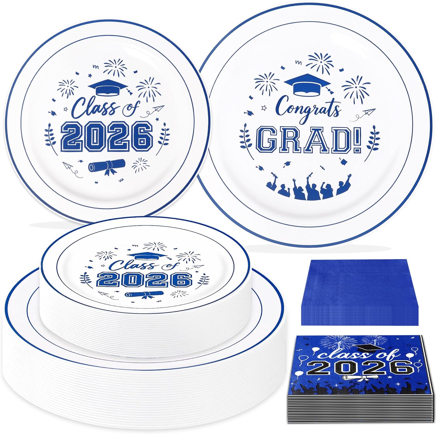 120 Pcs Graduation Plastic Plates, 2026 White Blue Graduation Disposable Plates for 30 Guests,30 Dinner Plates 10 inch & 30 Dessert Plates 7 inch Cocktail Napkins for Party,Holiday