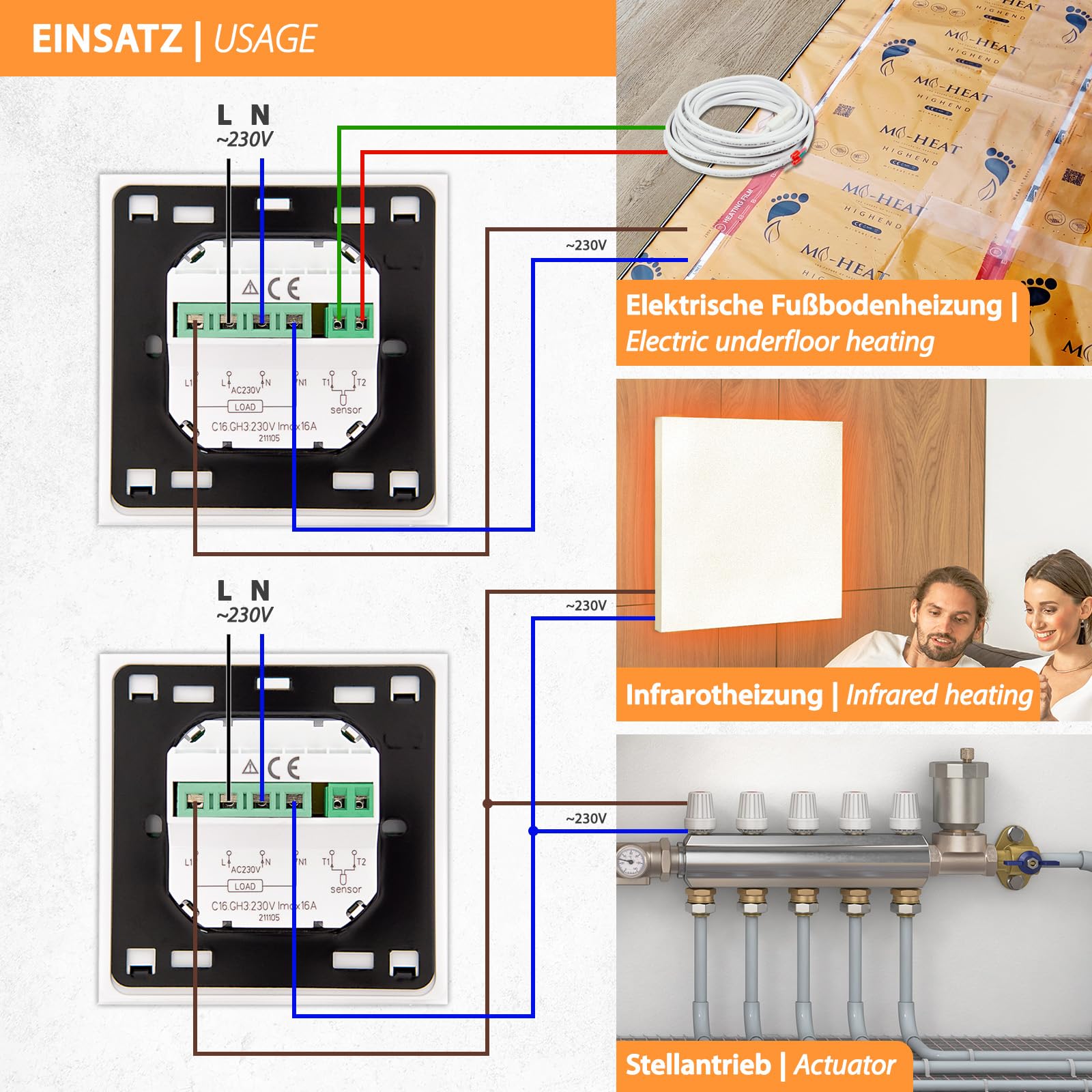 Thermostat numérique encastré blanc avec écran de 8 cm de diagonale - Programmation hebdomadaire - Sécurité enfant - Pour chauffage au sol électrique ou à eau
