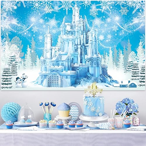 Miniatura 4 de Decoraciones de fiesta temática de hielo, decoraciones de cumpleaños de nieve con kit de arco de globos azules y morados, castillo de nieve de