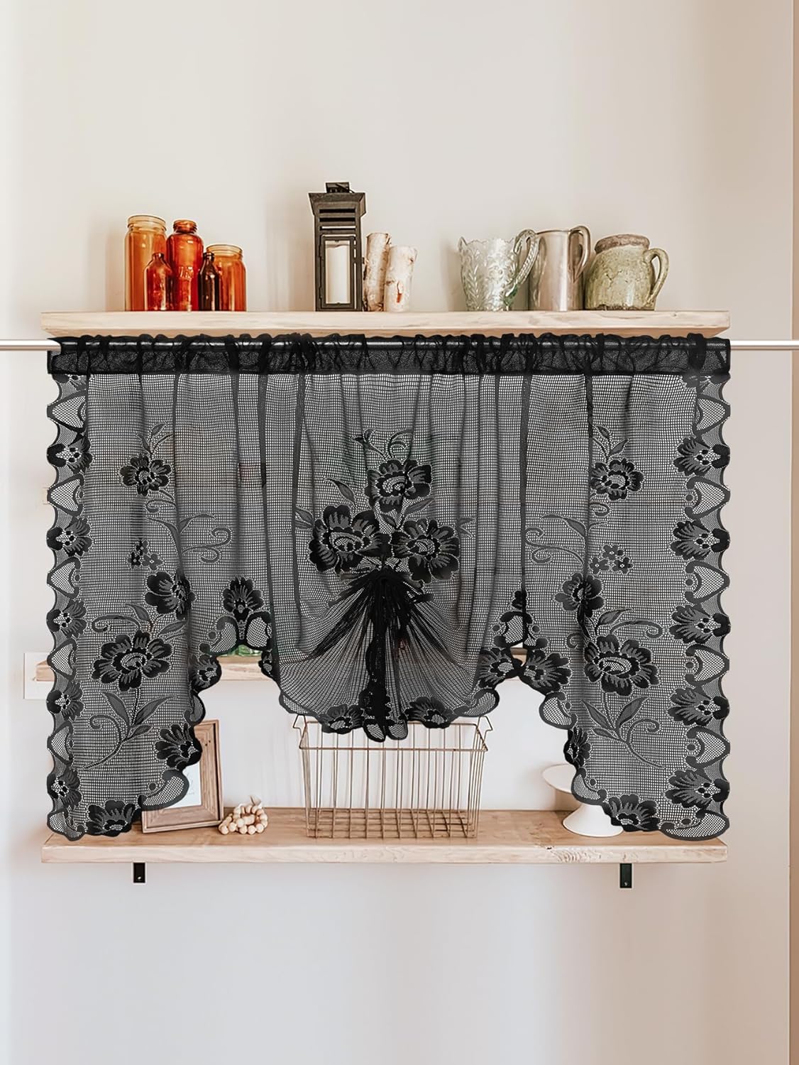 Condition photo showing Good Condition for Jayla Black Semi-Sheer Floral Lace Curtain Swag for Kitchen Half Window Bathroom Decoration Rod Pocket,39 x 39 Inch, 1 Panel Black 39"W x 39"L (Pack of 1)