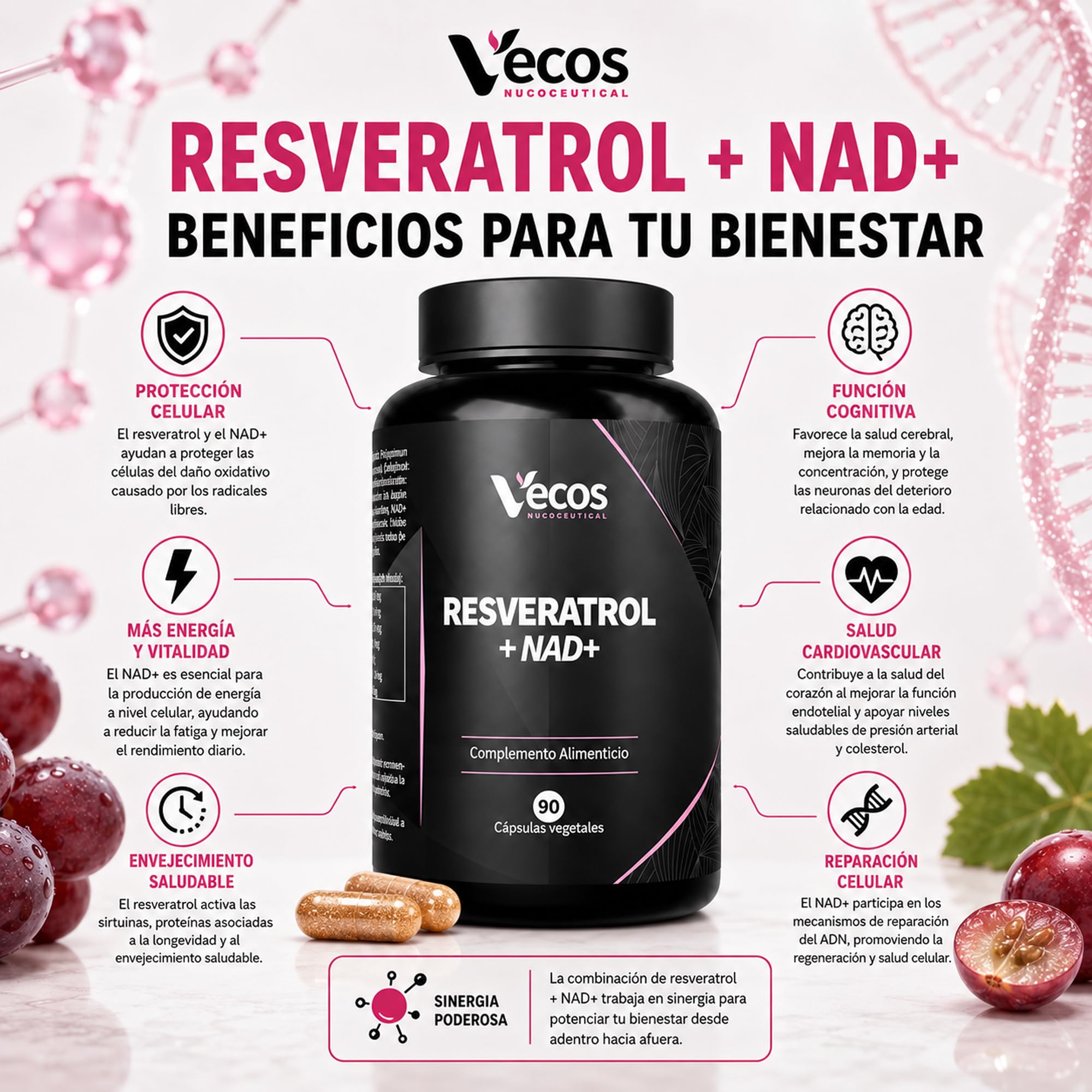 Resveratrol con NAD+, Quercetina y Bioperine – Energía Celular y Antioxidante Avanzado – 90 Cápsulas Veganas (180 Cápsulas (2 Botes))