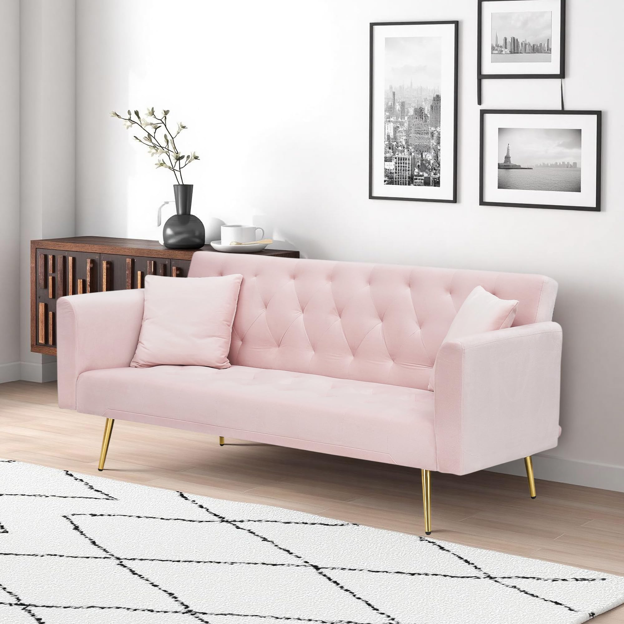 ERYE 71" Velvet Upholstered Tufted Futon Sofa Bed for Bedroom Studio, Modern Upholstered Futon Sleeper Convertible Sofabed W/Golden Leg & Piows for Home Apartment,Loveseat