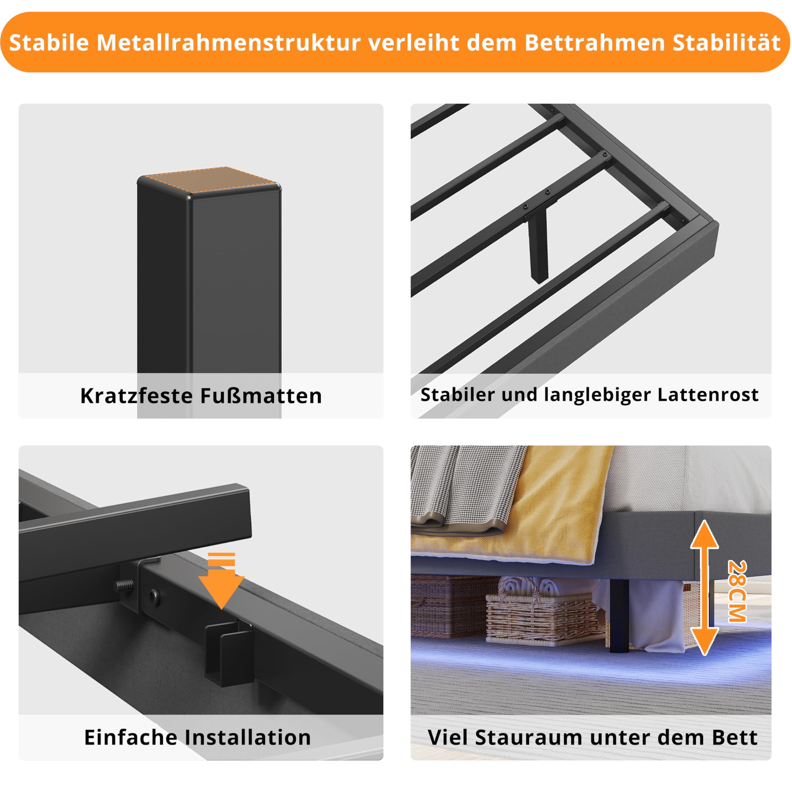 Ironck Bettgestell 140x200 mit LED-Beleuchtung & Ladestation – Bild 6
