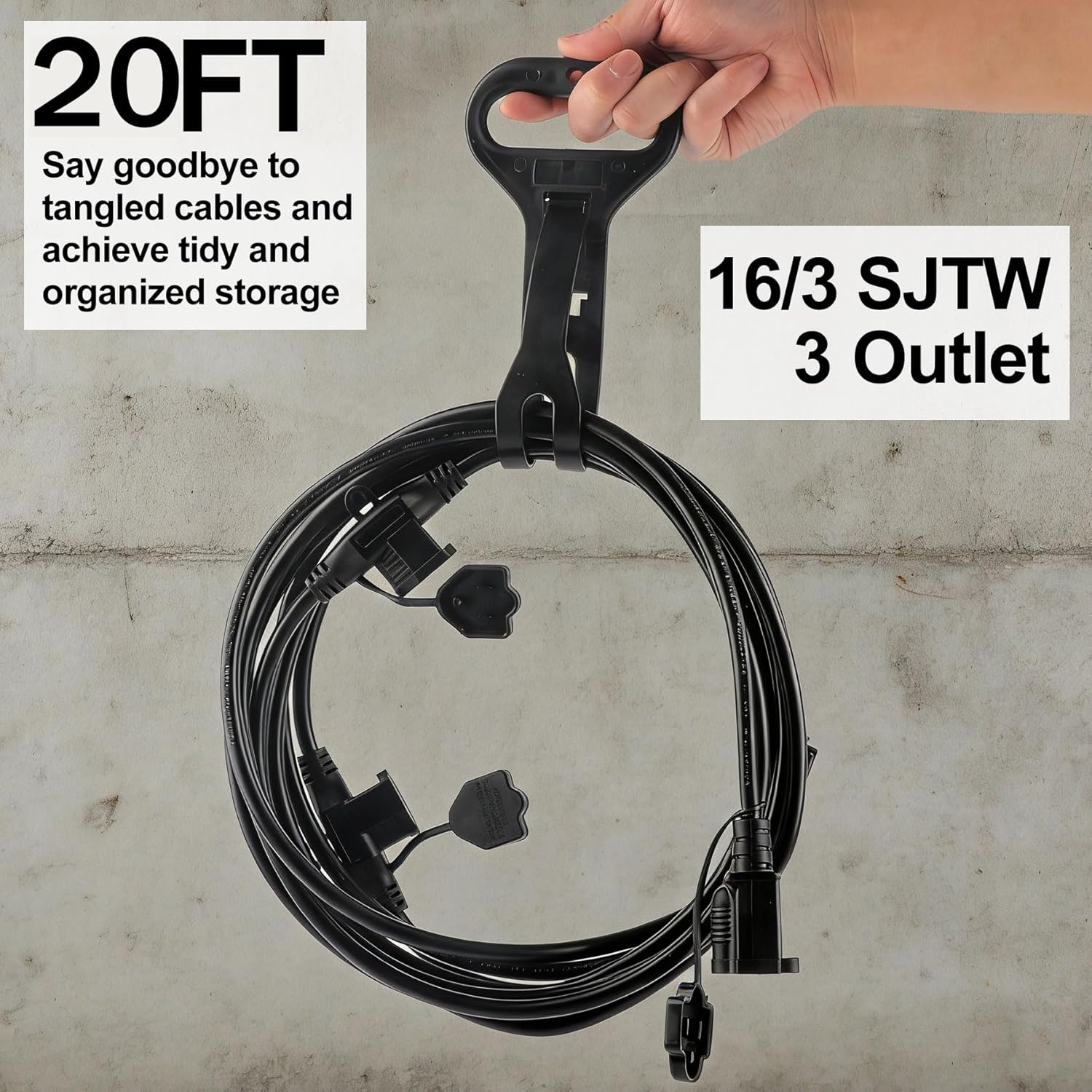 Black 20FT 16 Gauge SJTW Multi-Outlet Outdoor Extension Cord, 3 Evenly Spaced Weatherproof Outlets, Great for Stage Backdrops, Landscape Garden Lighting, Holiday Decoration
