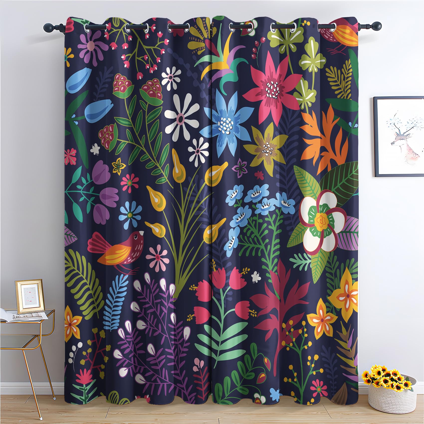 Vorhänge Wildblume - Bunt Floral Botanische Fenster Gardinen mit Ösen, Vorhang Blickdicht Verdunklungsvorhänge Thermovorhang für Wohnzimmer Schlafzimmer Deko 2er Set, H 160 x B 140 cm U-#180