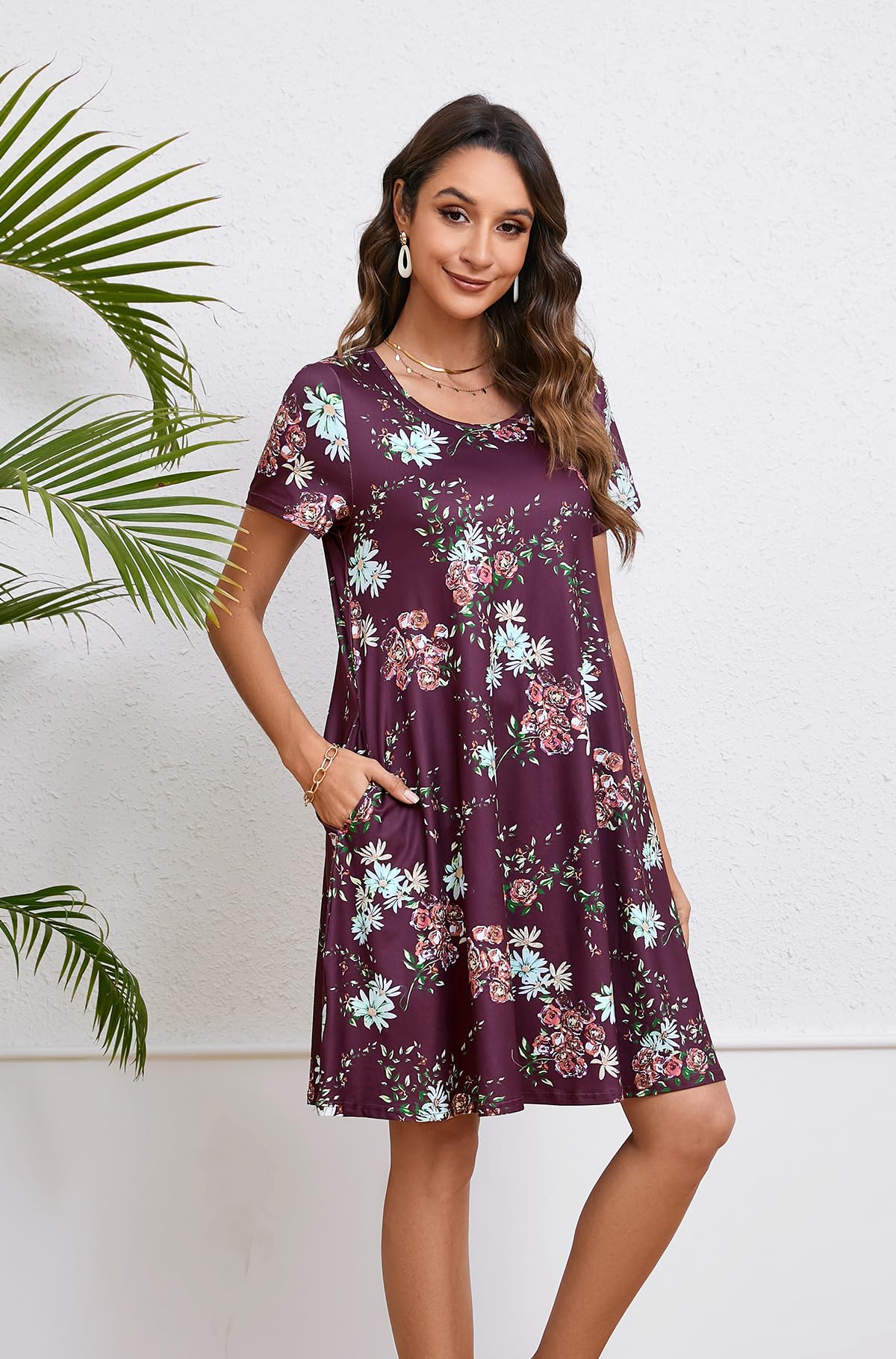 Enmain Vestido Camiseta Mujer Manga Corta Vestido Túnica Verano con Bolsillos Casual Boho Vestidos hasta la Rodilla para Mujer
