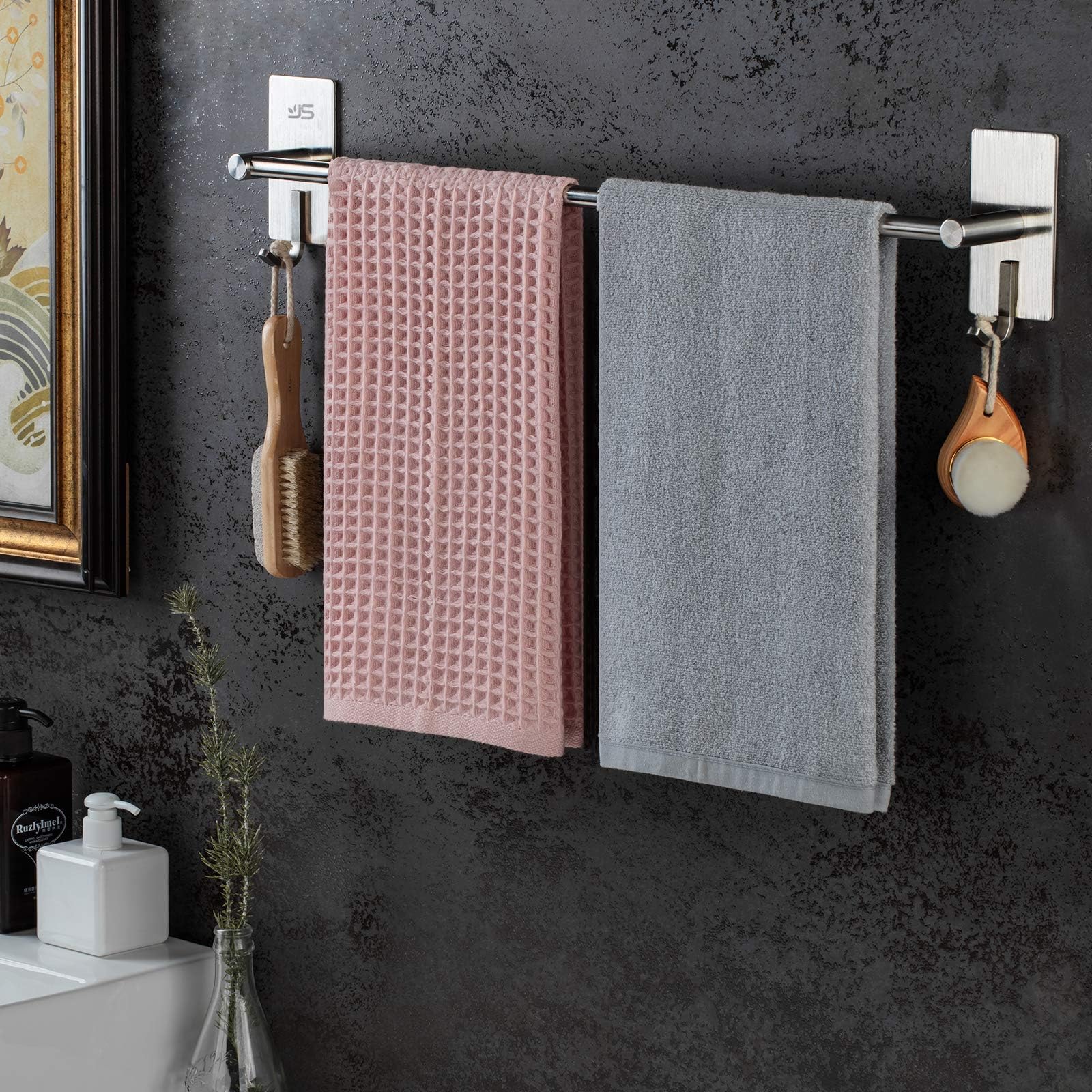 JS Towel Rail Wall Mounted SUS304 Stainless Steel Towel Holder Self Adhesive with 2 Hooks Stick on Towel Rack for Bathroom Shower Kitchen