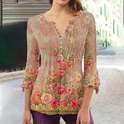 Miniatura 2 de Trompeta 34 Manga Tank Tops Mujer Floral Tie Dye Blusa Camisa básica fruncido corsé túnica plisado botón ropa