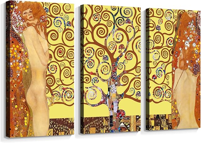 FajerminArt 3 Panel Gustav Klimt Wall Art Colorful Tree of Life Painting Print On Canvas XXL Abstract Tree Picture For Living Room, Home Modern Decoration Framed Ready To Hang, 16" x 32"