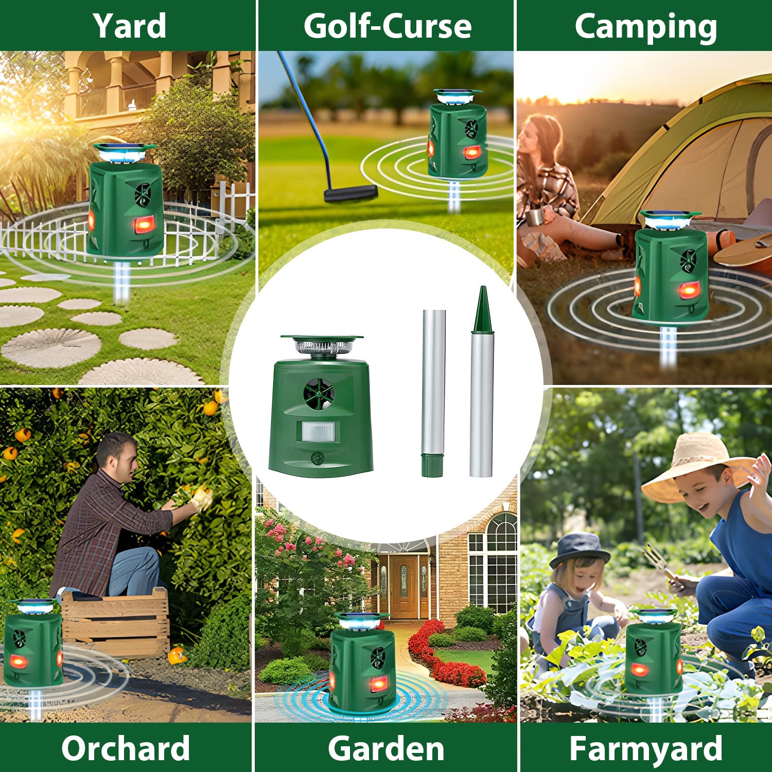 Repellente a ultrasuoni a 360° per gatti e volpi, 5 modalità, repellente per piccioni solare e a batteria, impermeabile, deterrente per uccelli, scoiattoli, gatti, spaventapasseri per giardino, con