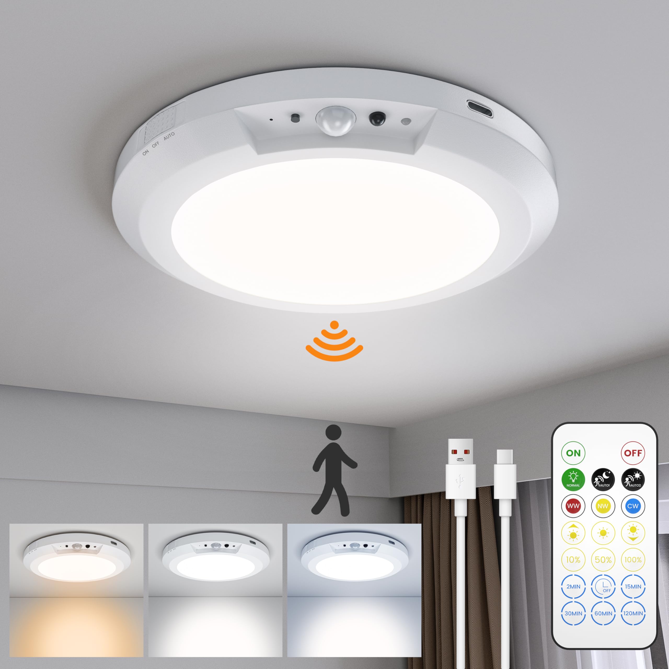 Battery Operated Motion Sensor Ceiling Light With Remote, 3 Color, Dimmable, Wireless LED Battery Powered Closet Light, For Closet Doorway Stairs Hallway Bathroom, 1 Packs(Battery Not Included - View #5