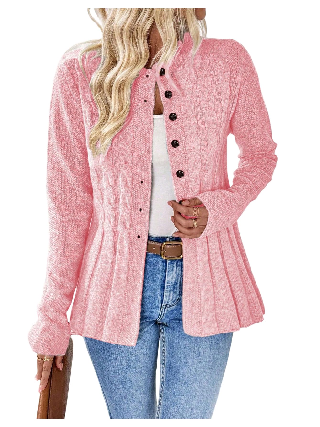 SOLY HUX Womens Button Up Cardigan Sweater Long Sleeve Cable Knit Lightweight Business Casual Peplum Tops Outwear Coat