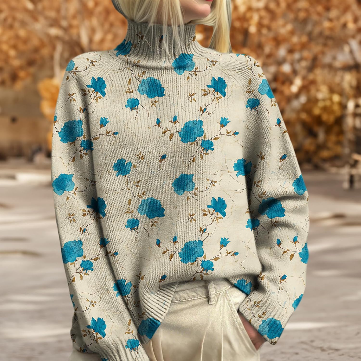 Womens Floral Print Turtleneck Sweaters Boho Vintage Fall Knit Jumper Tops Casual Loose Long Sleeve Pullover Sweater - Image 3