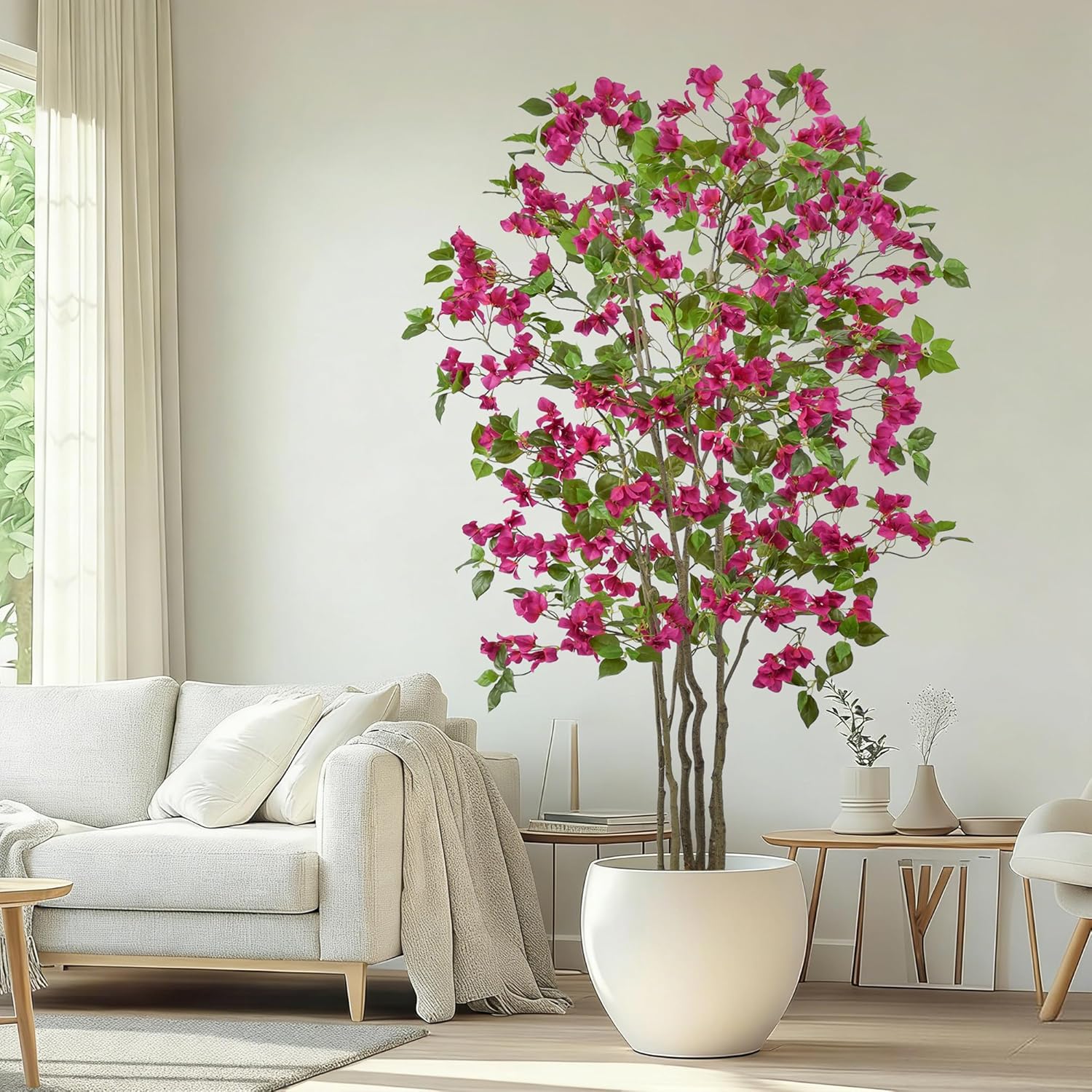 6FT Artificial Bougainvillea Tree with Realistic Purple Flowers in White Planter, Large Faux Blooming Tree, 72" Tall Fake Plant Indoor for Home Office Porch Hotel Store Wedding Decoration