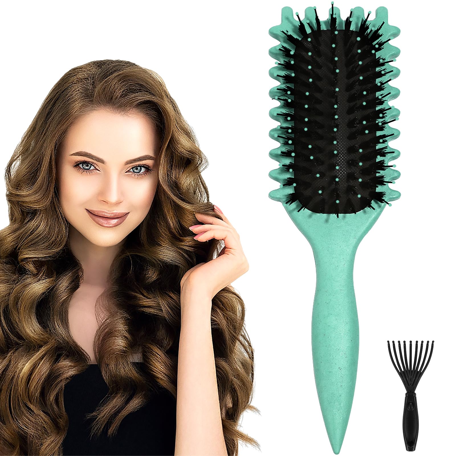Curly Hair Brush, Curl Defining Brush, Shaping Curls Boar Bristle Styling Hairbrushes for Women and Men (Green)