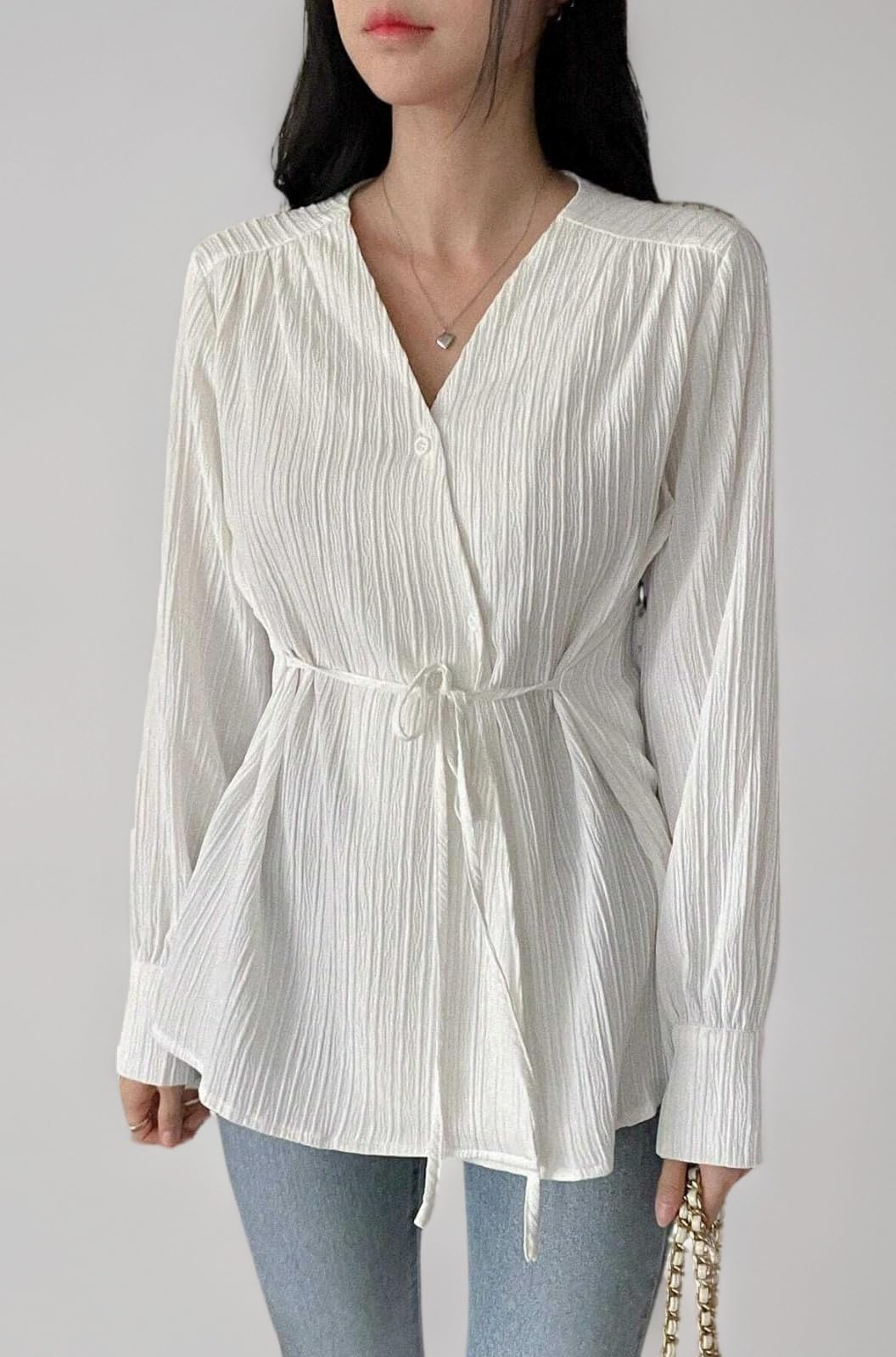 Women's V-Neck Pleated Tunic Top - Long Sleeve Drawstring Waist Summer Blouse, Lightweight Casual Shirt for Office, Travel, Daily