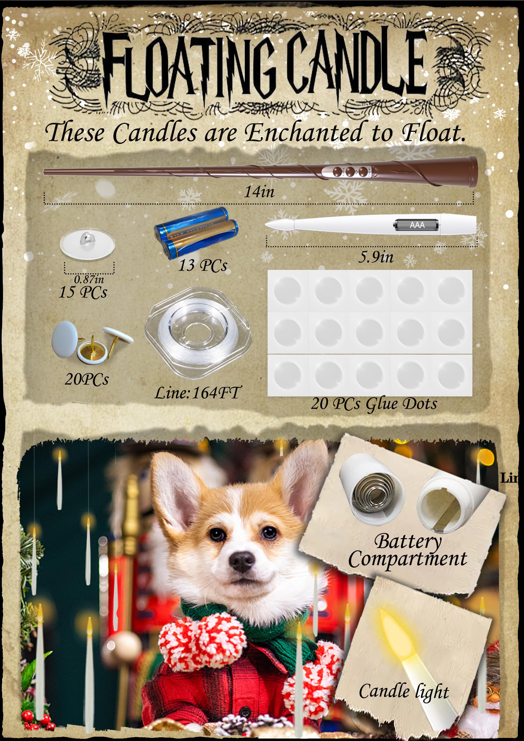 Halloween Decorations, 20 PCs Floating Candles with Wand Magic Hanging Candles, Flickering Warm Light Flameless Floating LED Candle with Wand Remote, Battery Operated Taper Candle Set for Theme Party