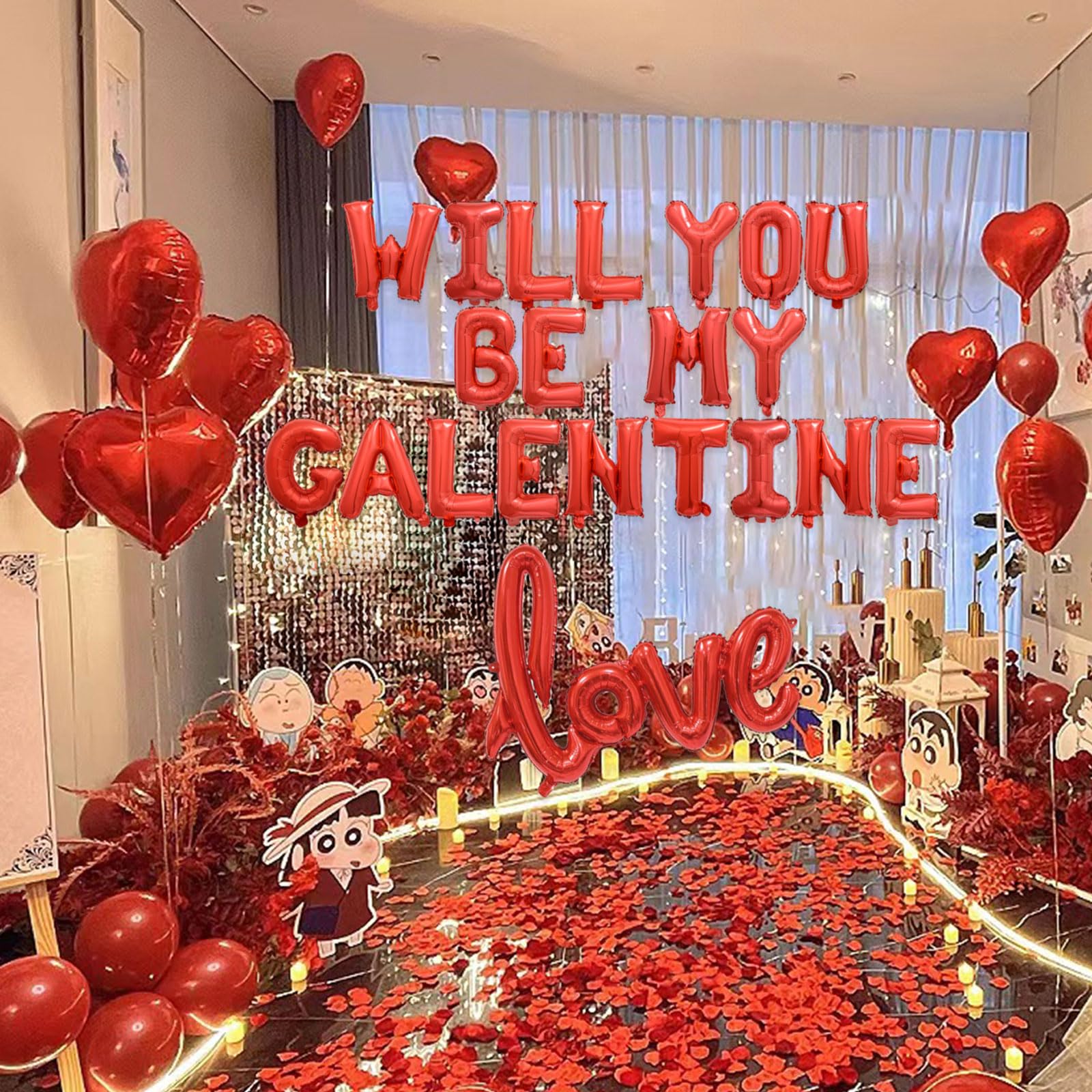 Czerwone balony 'WILL YOU BE MY GALENTINE' na dekoracje walentynkowe - czerwone sztuczne płatki róż 40 cm balon z literami 45 cm balony w kształcie serca szczęśliwy dzień galentyny romantyczny wystrój