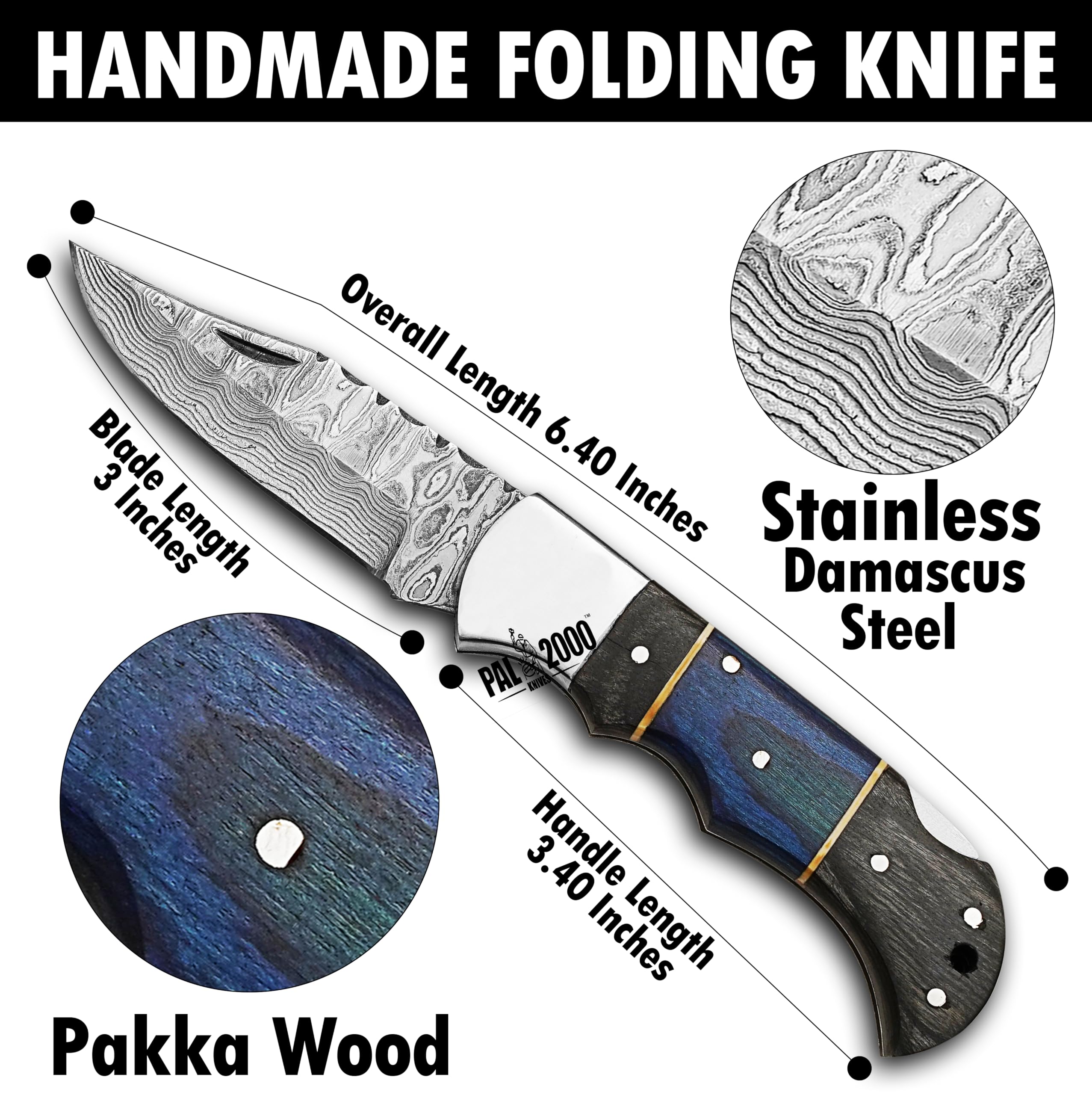 PAL 2000 KNIVES Pocket Knife - Handmade Stainless Damascus Steel 6.4 inches Hunting Folding Knife (3169)
