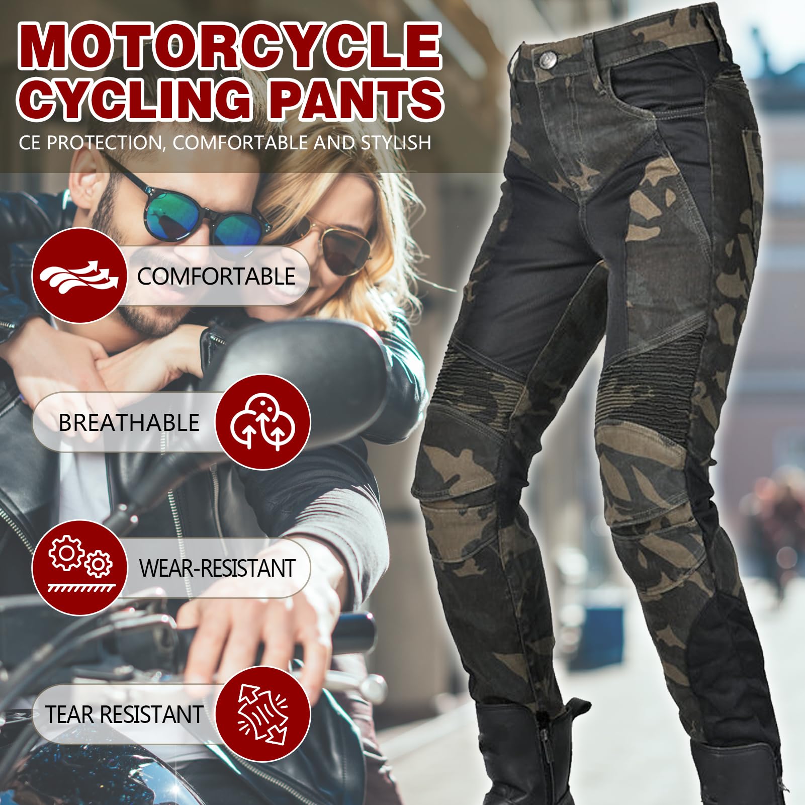 Pantaloni da Moto Uomo & Donna - Pantaloni Biker Elasticizzati con Protezioni Ginocchia & Fianchi, Approvati CE, Comodi E Resistenti Pantaloni Protettivi per Motociclisti