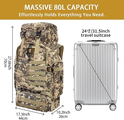 Miniatura 3 de Mochila de senderismo para campamento de 80 L, mochila táctica militar grande con puerto de carga USB, mochila de viaje impermeable con mosquetón,