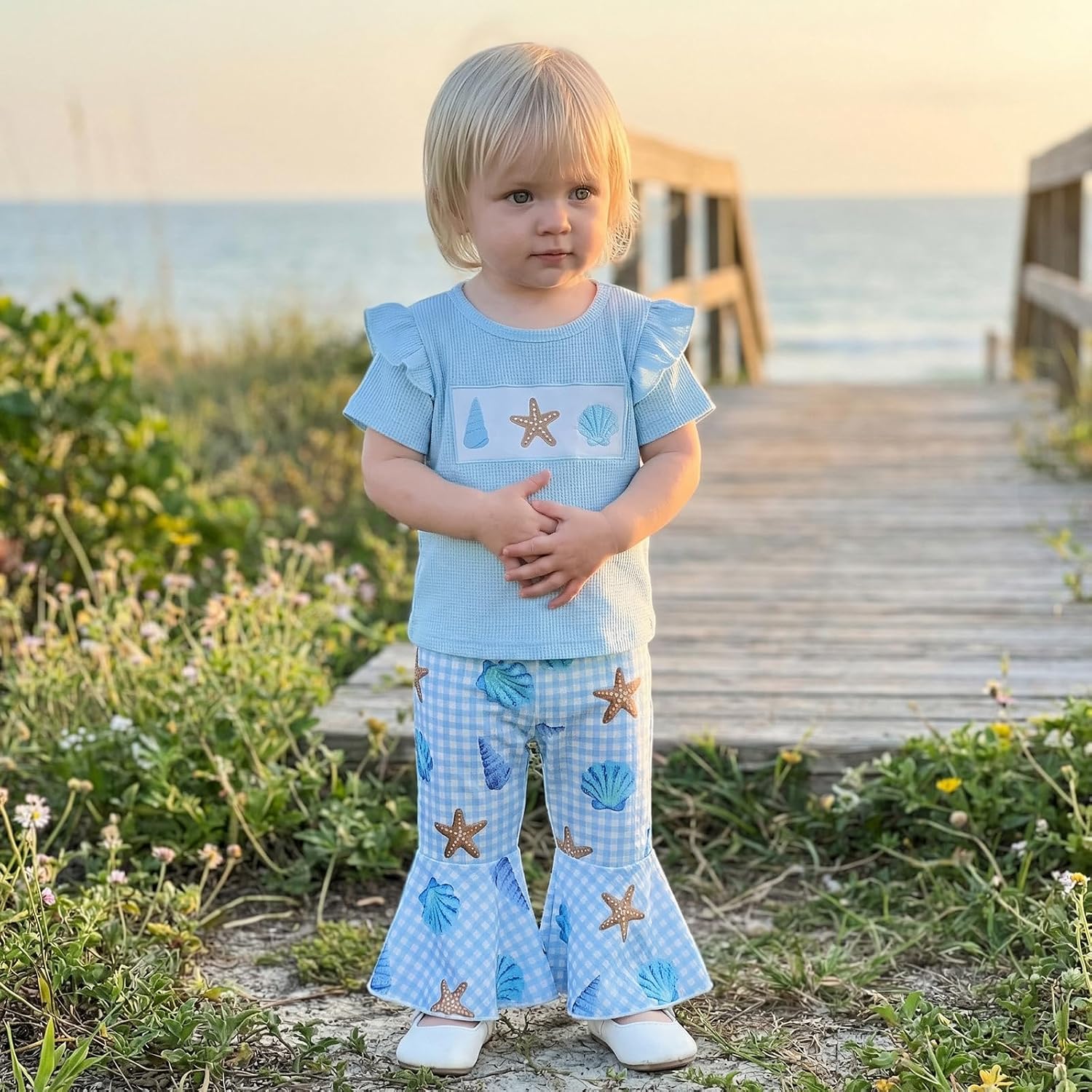 Toddler Girl Outfit Short Sleeve Embroidery Waffle Knit Shirt Top Flare Pants Set Baby Summer Clothes
