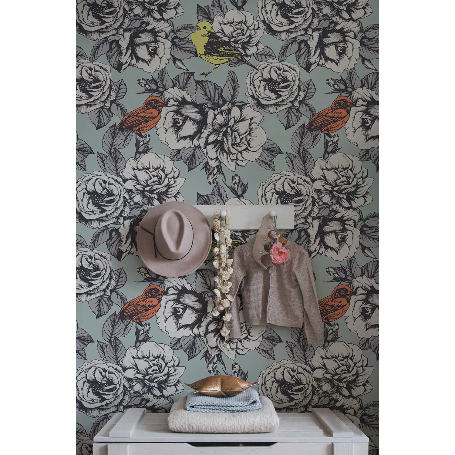 Papier Peint Muraux Salon et Chambre Oiseaux de Roses 152x104cm pour Ambiance Cosy