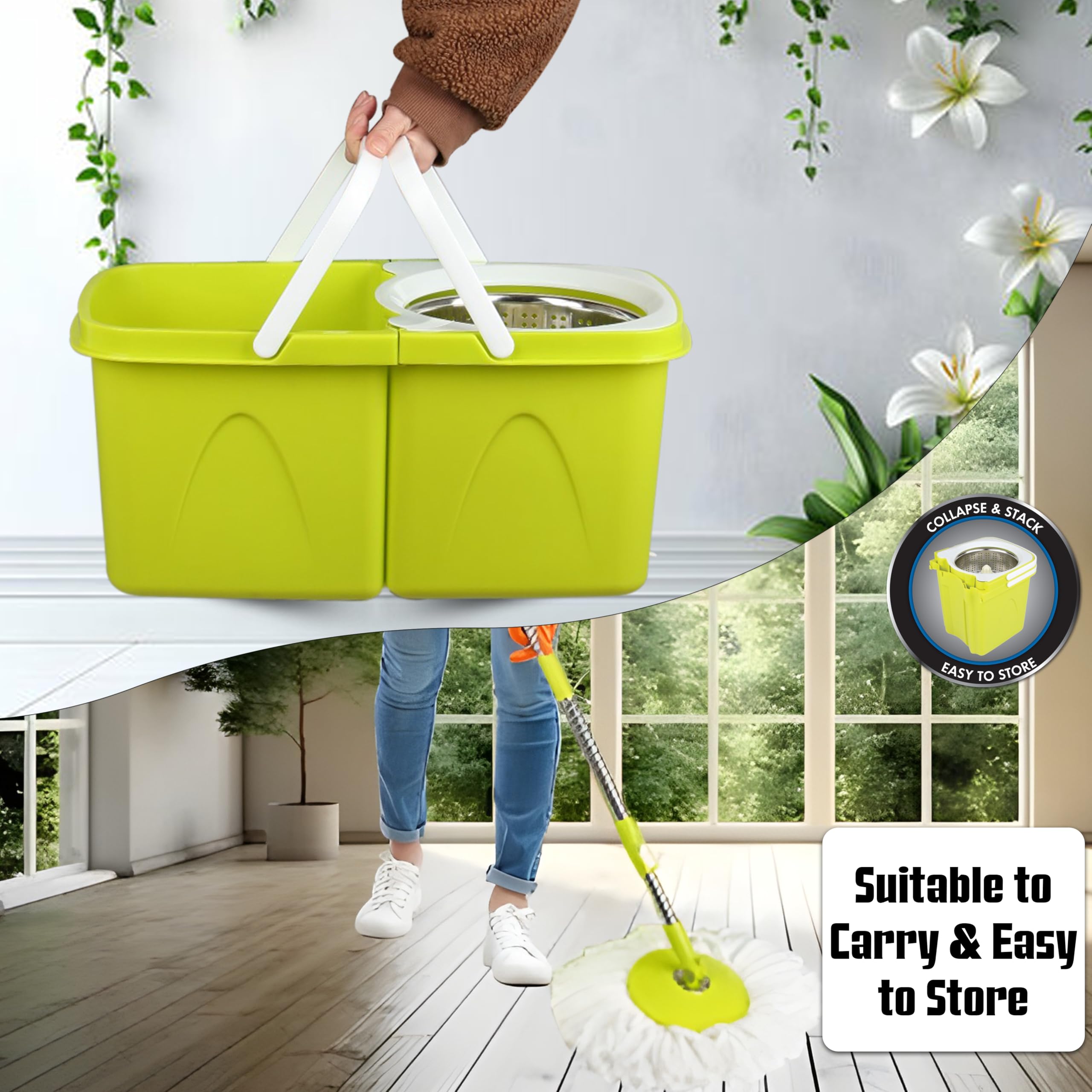 ARSUK Seau Essoreur Serpillière 2 En 1 Avec 2 Têtes Microfibre - Manche Télescopique, Idéal Nettoyage Sols Humide Et Sec