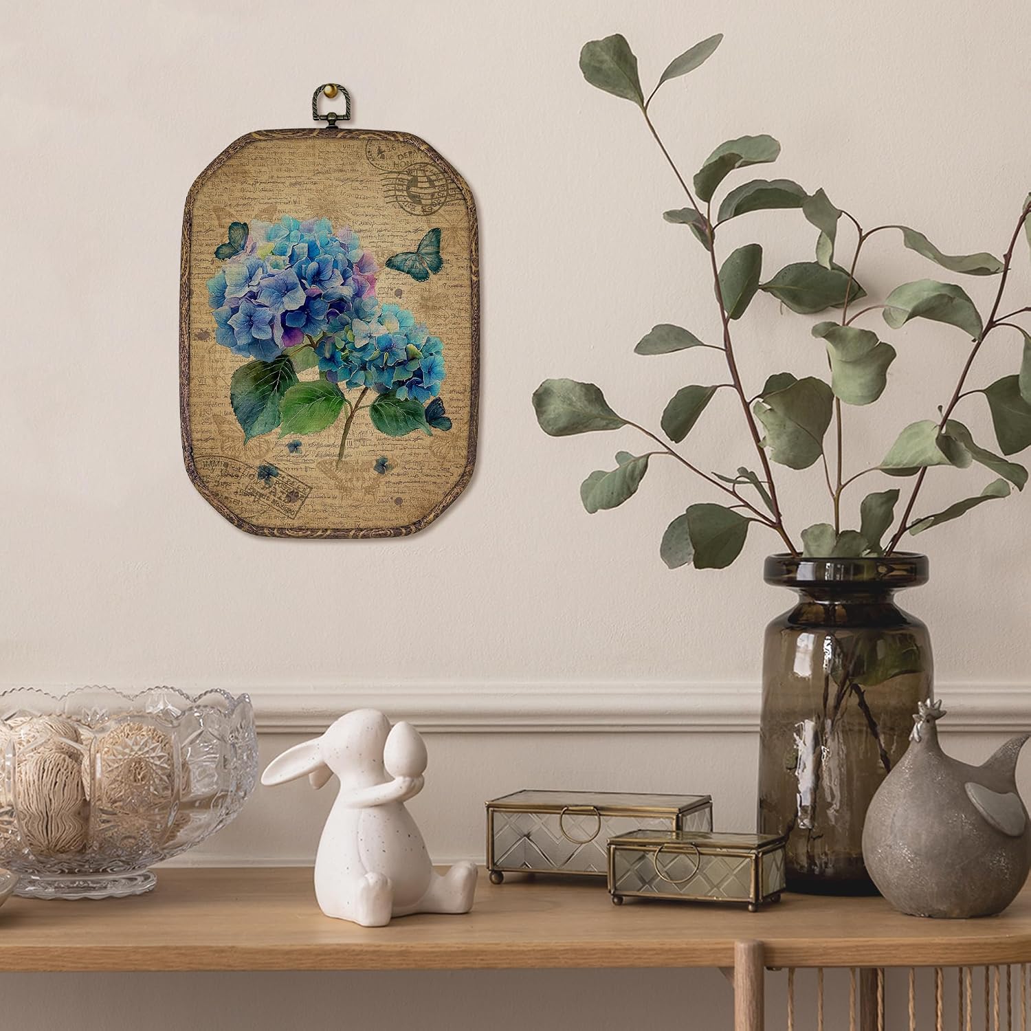 AEHIE Vintage Blue Hydrangea Octagon Wall Art Decor, Antique Hydrangea Butterfly Canvas Hanging Decor, Antique Cottagecore Floral Wall Decorations for Home Bedroom Living Room, 10.2x7 Inches Set of 2 image 2