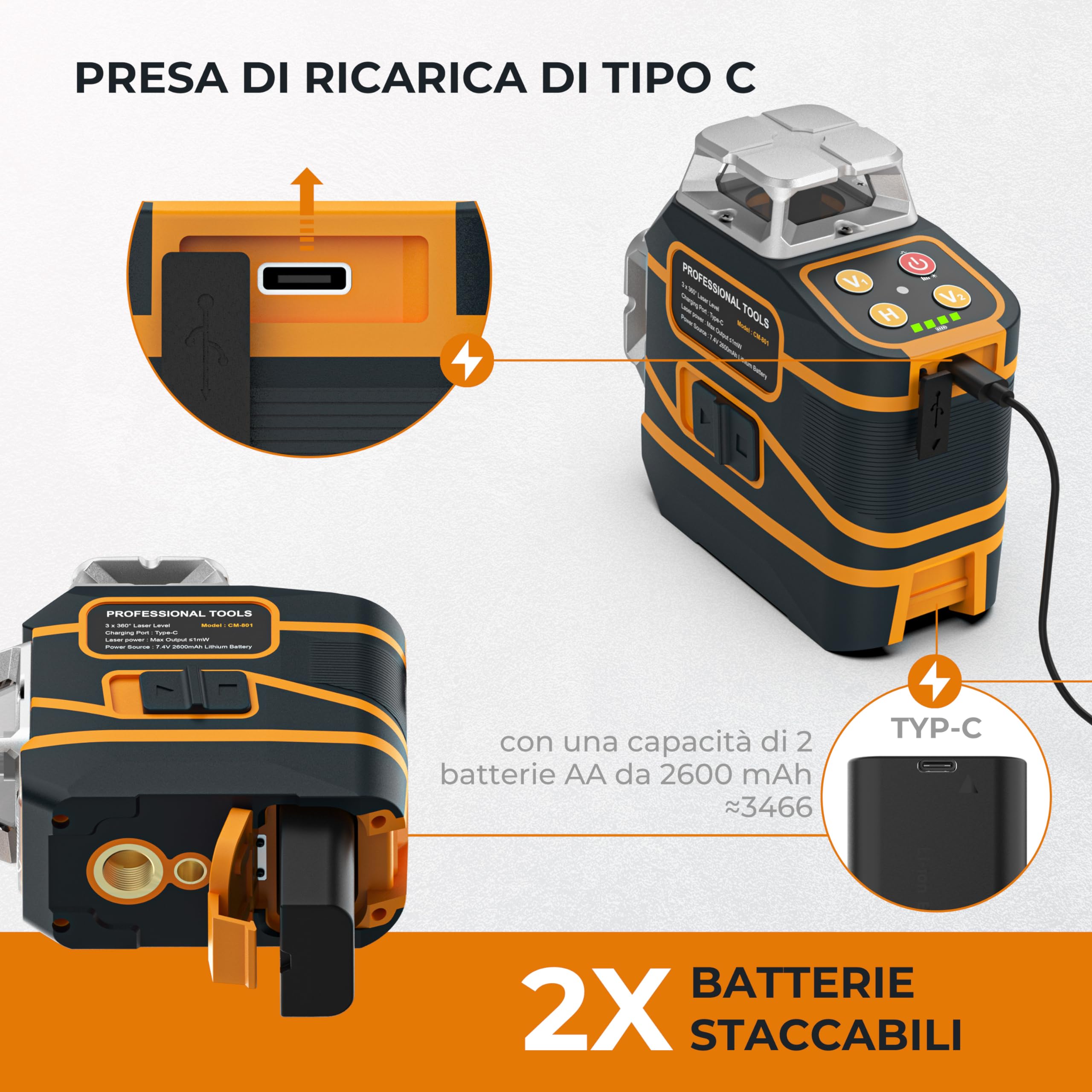 CIGMAN Livella Laser Autolivellante 3x360°,Supporto Magnetico e Rotante | 2 x Batteria Incorporata dello Li-ione, per Costruzioni e Immagini con Modalità a Impulsi