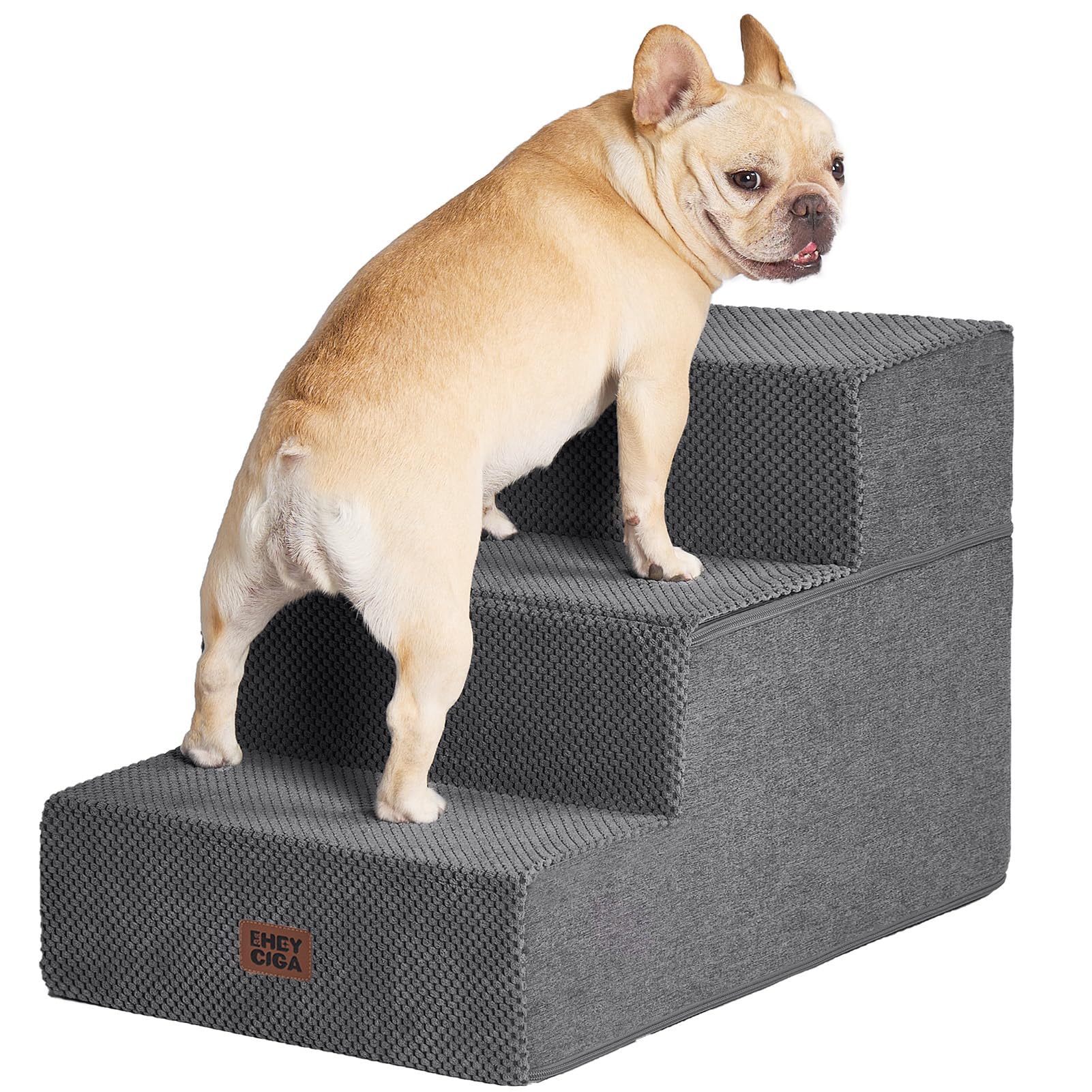 EHEYCIGA Dog Stairs for Small Dogs 16.5" H, 3-Step Extra Wide Ramp, Grey | Pet Steps for Couch Sofa and Chair, Pet Steps for Medium Cats, Non-Slip Balanced Pet Ramp Indoor