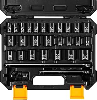 BOEN 3/8" Drive Impact Socket Set, 29 Piece Shallow Socket Set SAE 3/8" to 1" | Metric 8 to 22mm, Includes 6", 10" Extension Bars, Universal Joint, 6 Point Design, Cr-V Steel, Meets ANSI Standards