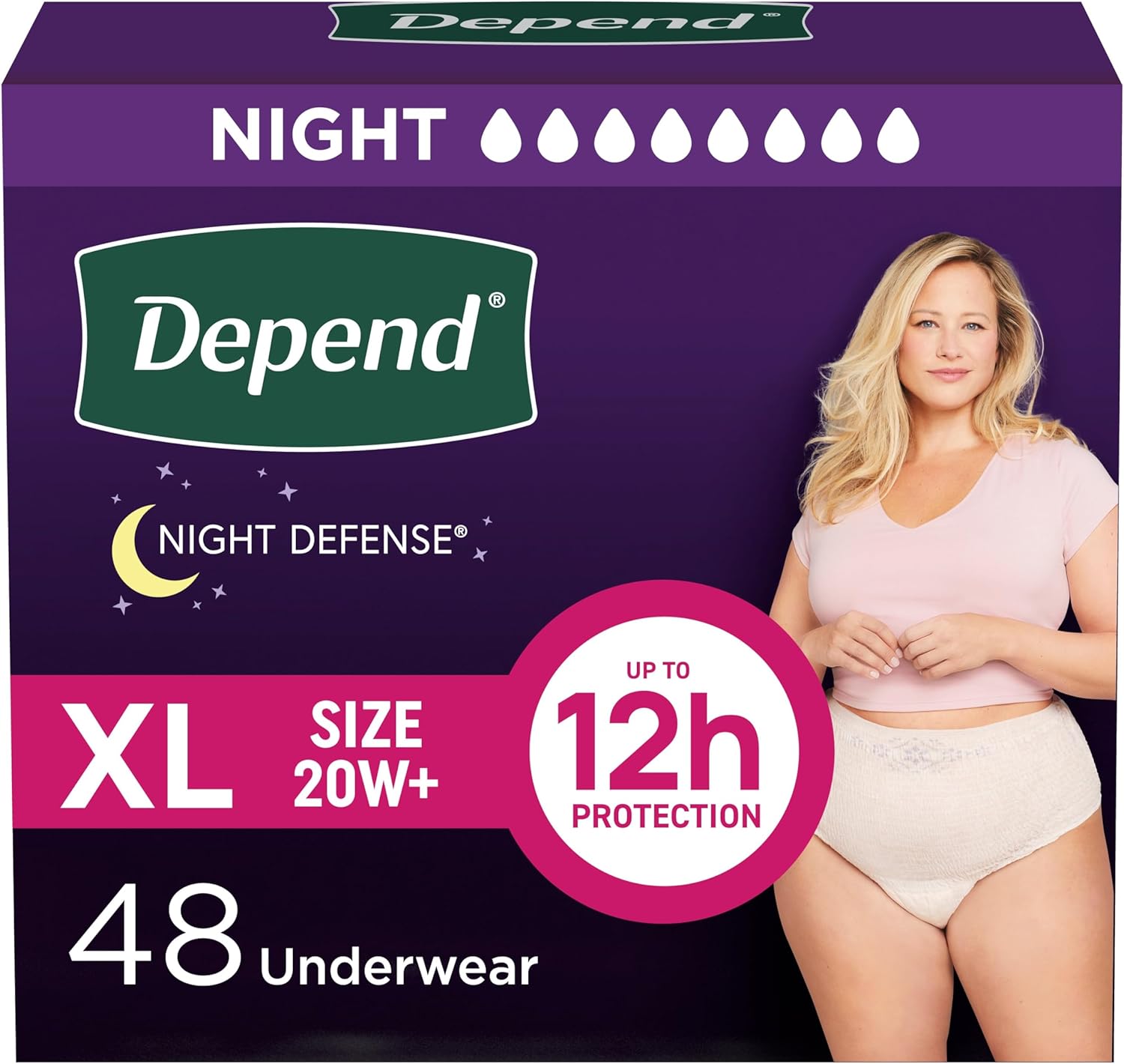 Depend Night Defense Adult Diapers, Incontinence & Postpartum Bladder Leak Underwear for Women, Disposable, Overnight, Extra-Large, Blush, 48 Count (4 Packs of 12), Packaging May Vary X-Large 48