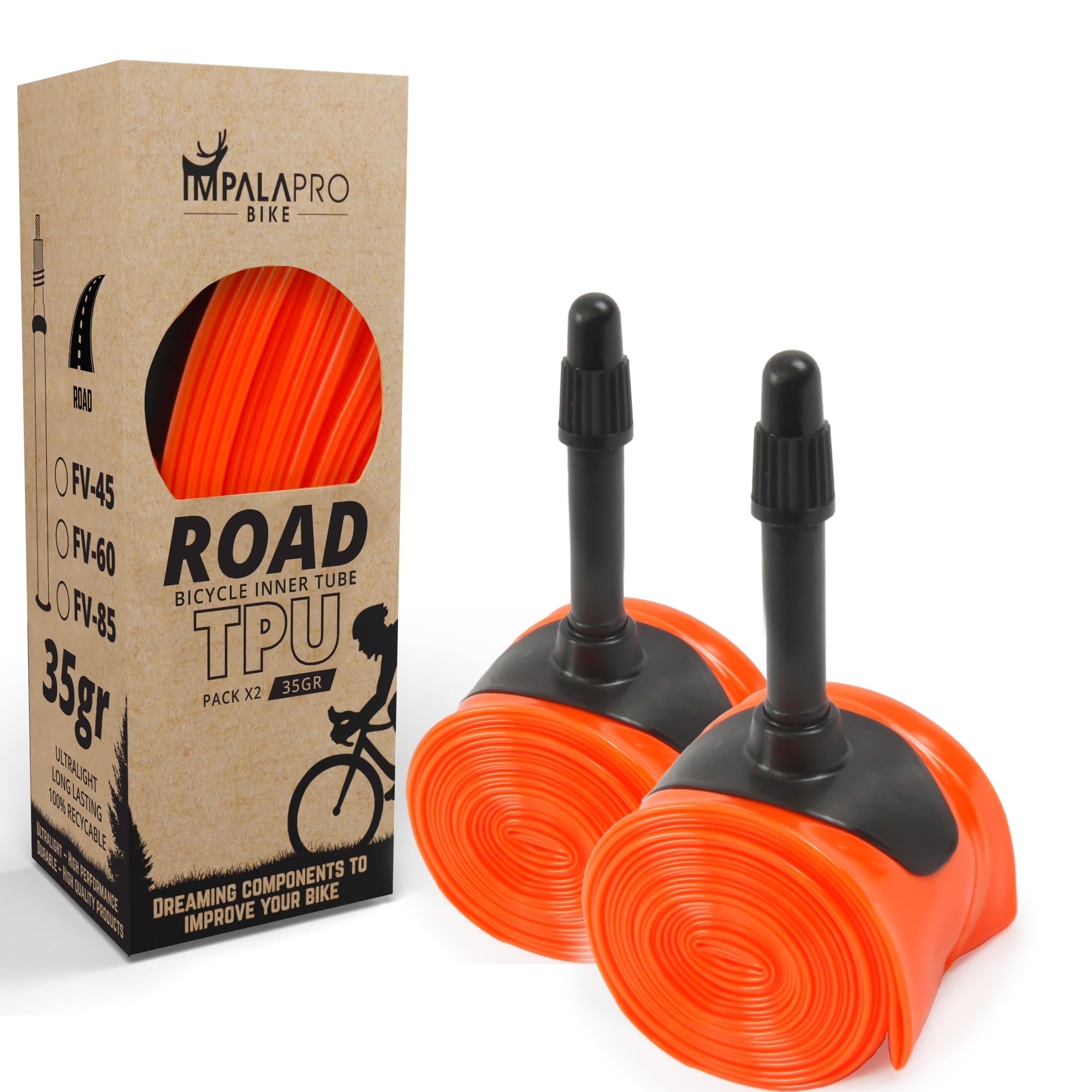 IMPALAPRO Ultralight Road Bike TPU Inner Tube 700C 35g 0.25mm Thick Compatible with 700x18/23/25/28/30/32C Presta Valve 45/65/85mm -Bicycle Inner Tube 700C - TPU Tubes (2Pcs - Val 45mm 35g)