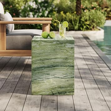 Modway Jordana Indoor Outdoor Concrete Side Table in Green Marble Square Plinth End Table with Faux Stone Finish - Concrete Furniture Accent Table for Patio, Garden, or Living Room