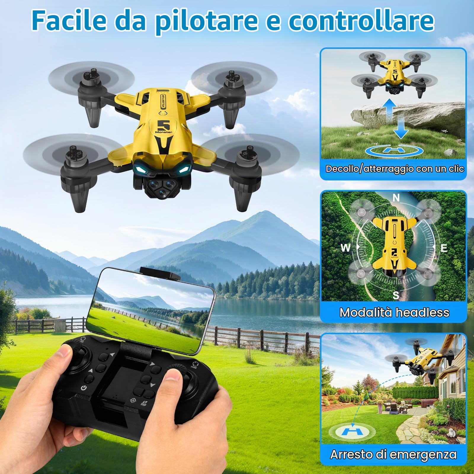 Drone Con Telecamera 4K, Drone Pieghevole, Motore Brushless, Quadricottero FPV WiFi, Volo A Traiettoria, 3D Flip, Decollo/Atterraggio 1 Tasto, per Bambini o Novizi, 2 Batterie