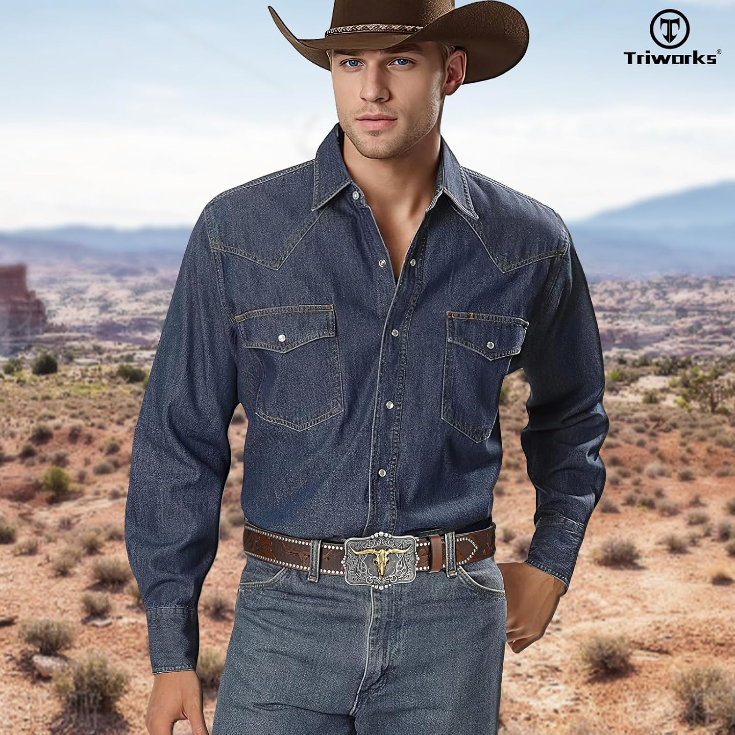 TRIWORKS Western Belt for Men Women Cowboy Leather Belt Western Buckle Cowgirl Engraved Belt - Image 3