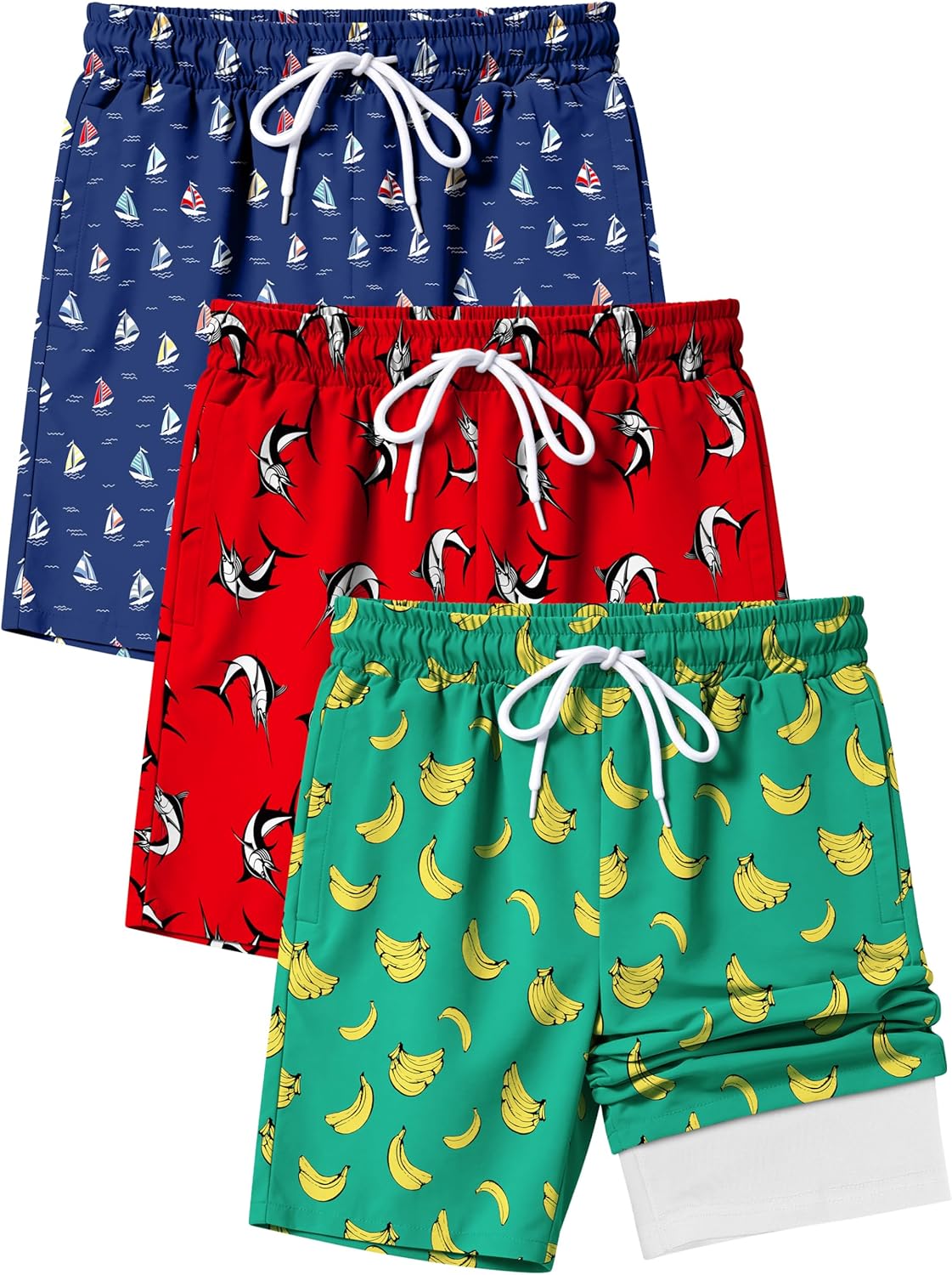 3 Pack Boys Swim Trunks Kid Board Shorts UPF 50+ Swim Shorts with Boxer Liner Quick Dry Beachwear Swimsuit for 7-16Y
