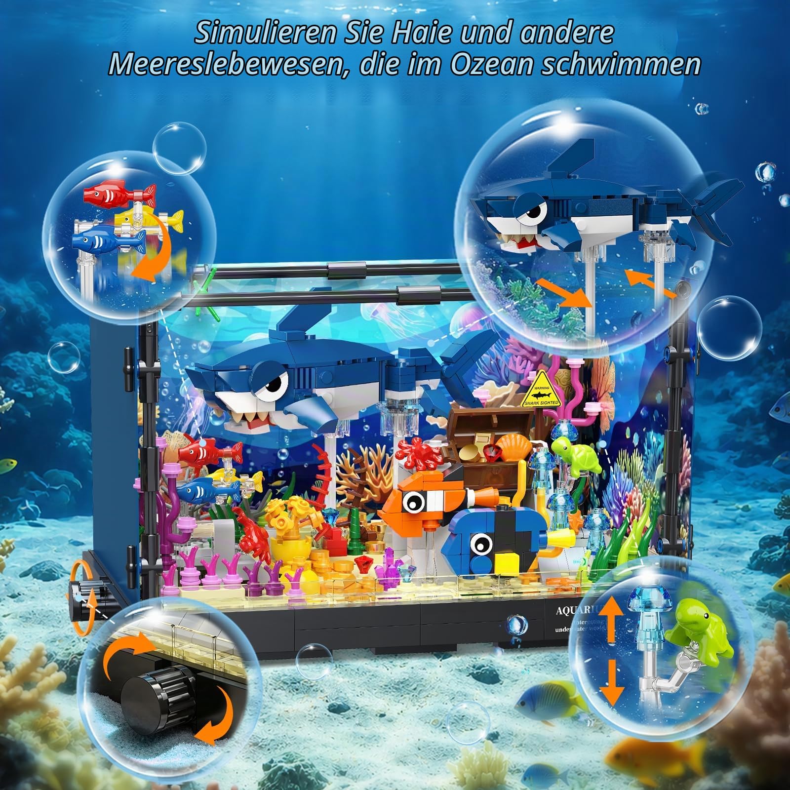 HOGOKIDS Technik Hai Aquarium Bauspielzeug mit Licht für Jungen ab 8 Jahren | Bewegliches Fish Tank Spielzeug mit Hai Figur, Schatztruhe & Meerestieren, Weihnachten Geburtstag Geschenk für Kinder Mädchen