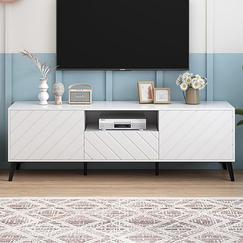 Moderno soporte de TV para TV de 70 pulgadas, centro de entretenimiento con 1 cajón y estante abierto, mesa consola de TV con 2 puertas y estantes