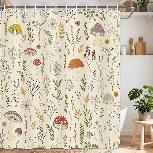 Miniatura 13 de DYNH Bonita cortina de ducha de hongos, cortina de bañera con hojas verdes botánicas florales bohemias, flores retro, decoración de baño con