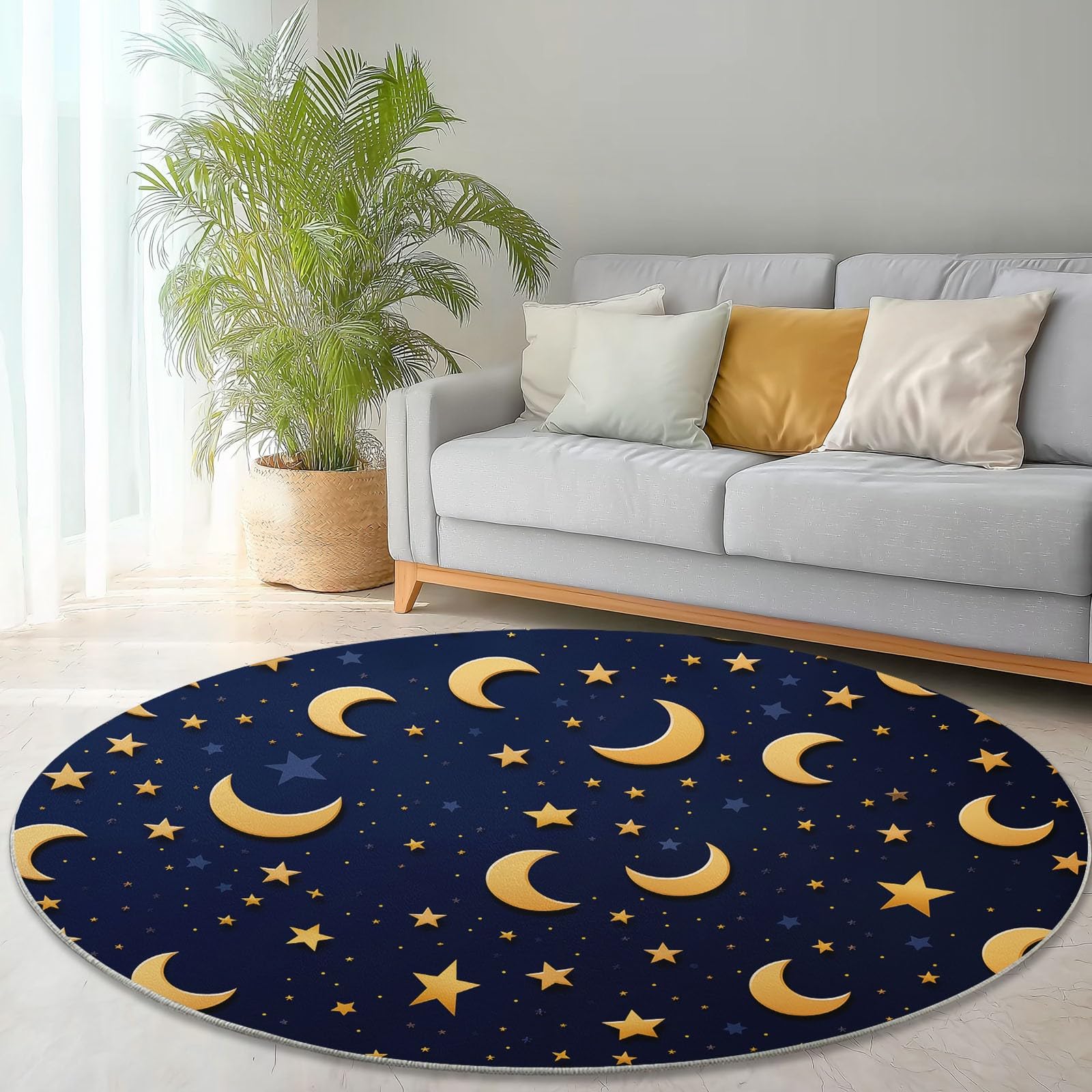 Tapis Rond en Flanelle Doux et Moelleux 120 cm, Mignon Lune Étoiles Motif imprimé, Or Bleu foncé Tapis Rond Antidérapant pour Salon Chambre Salle de Jeux Décoration Moderne