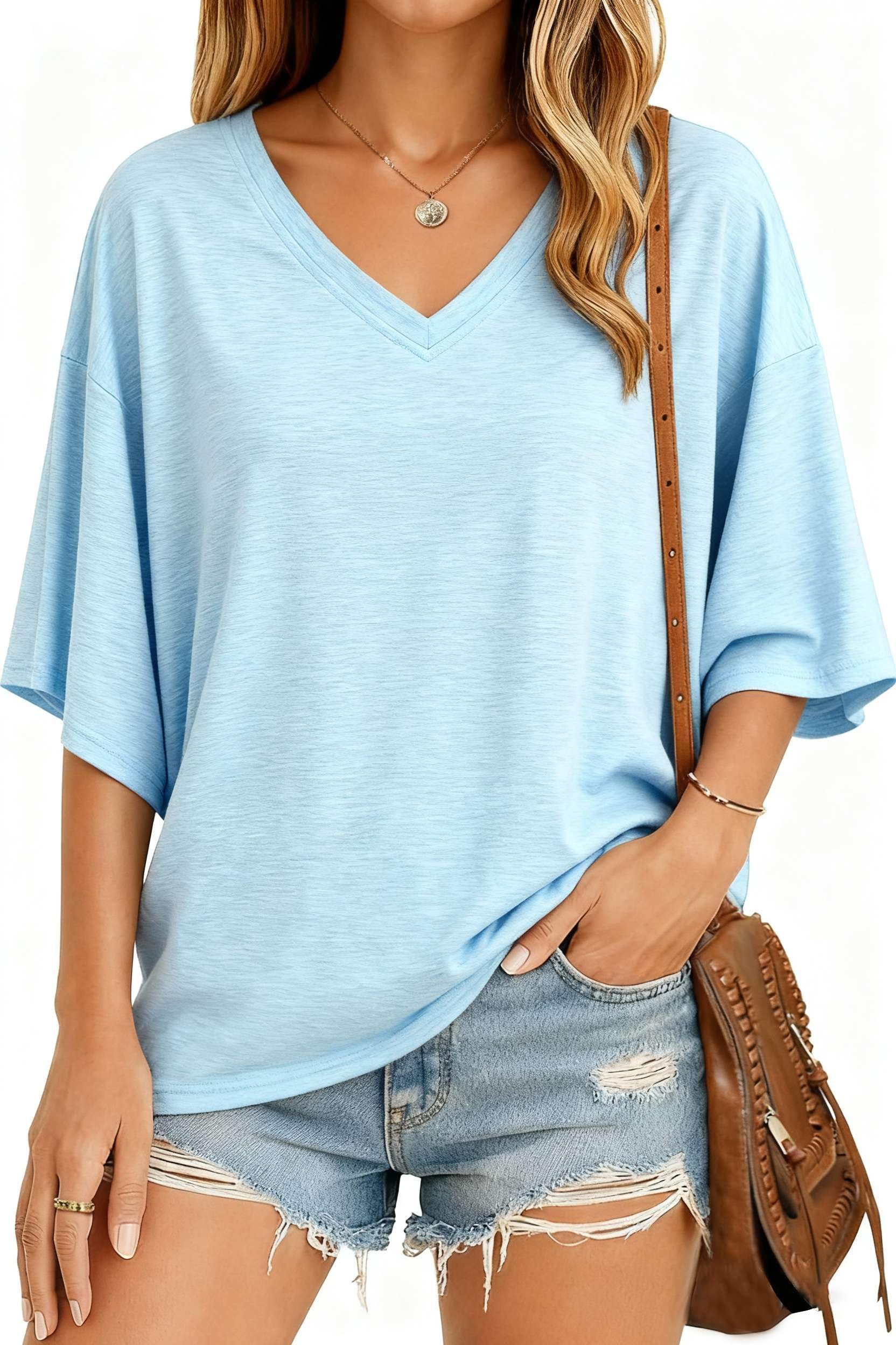 NAIOSS Damen T-Shirt Oversize Kurzarm Oberteil V-Ausschnitt Tunika Sommer Tops